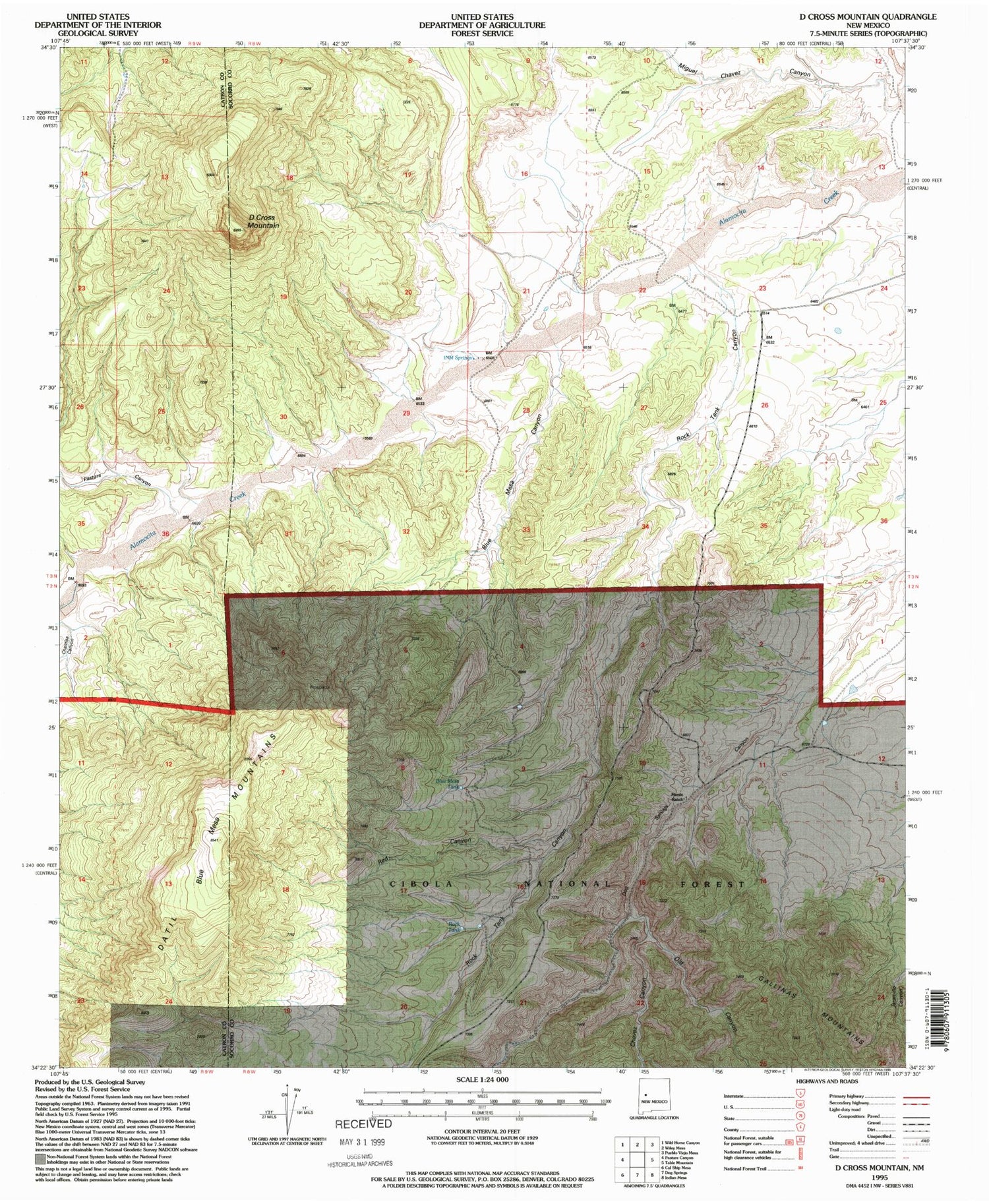 Classic USGS D Cross Mountain New Mexico 7.5'x7.5' Topo Map Image