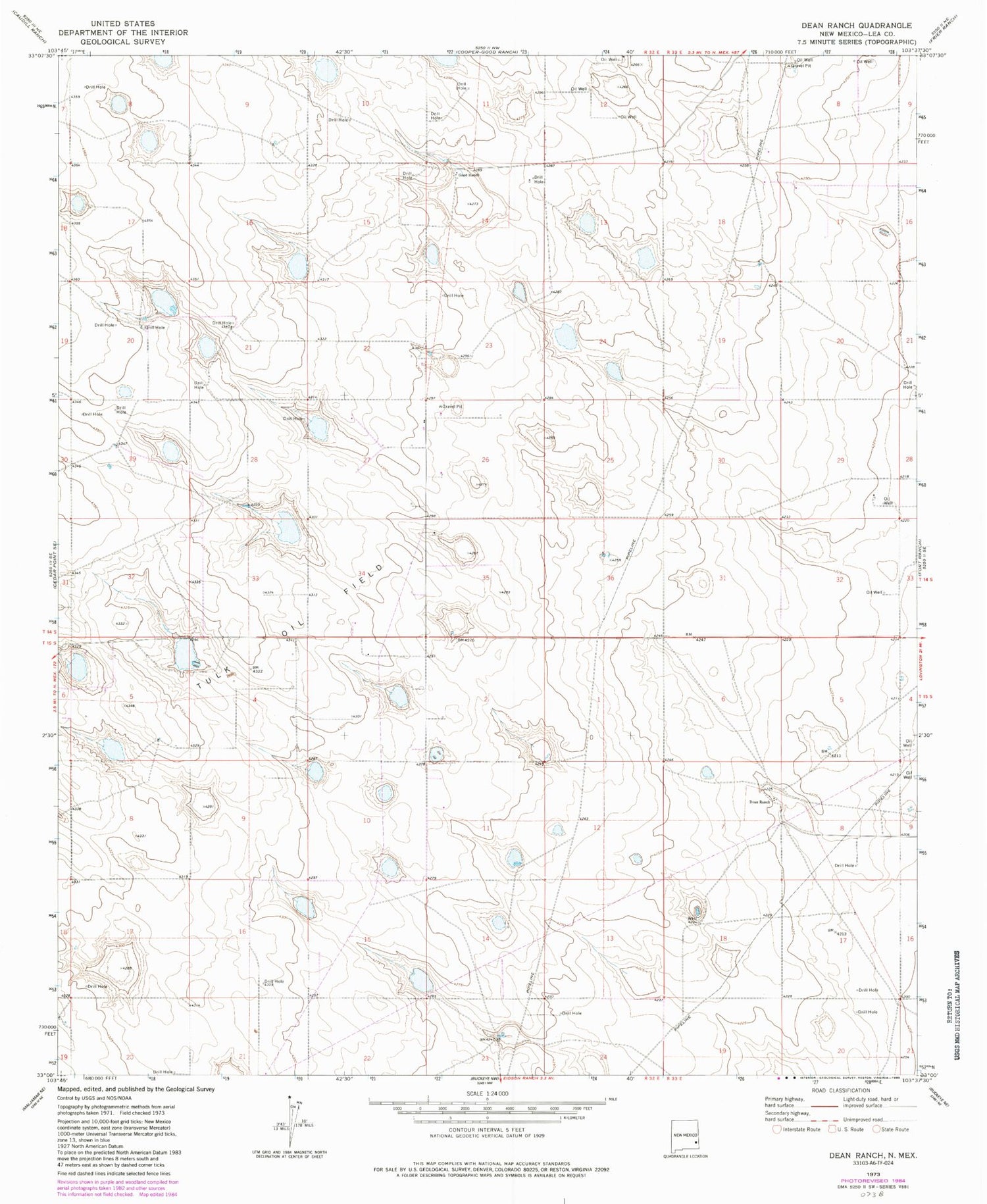 Classic USGS Dean Ranch New Mexico 7.5'x7.5' Topo Map Image