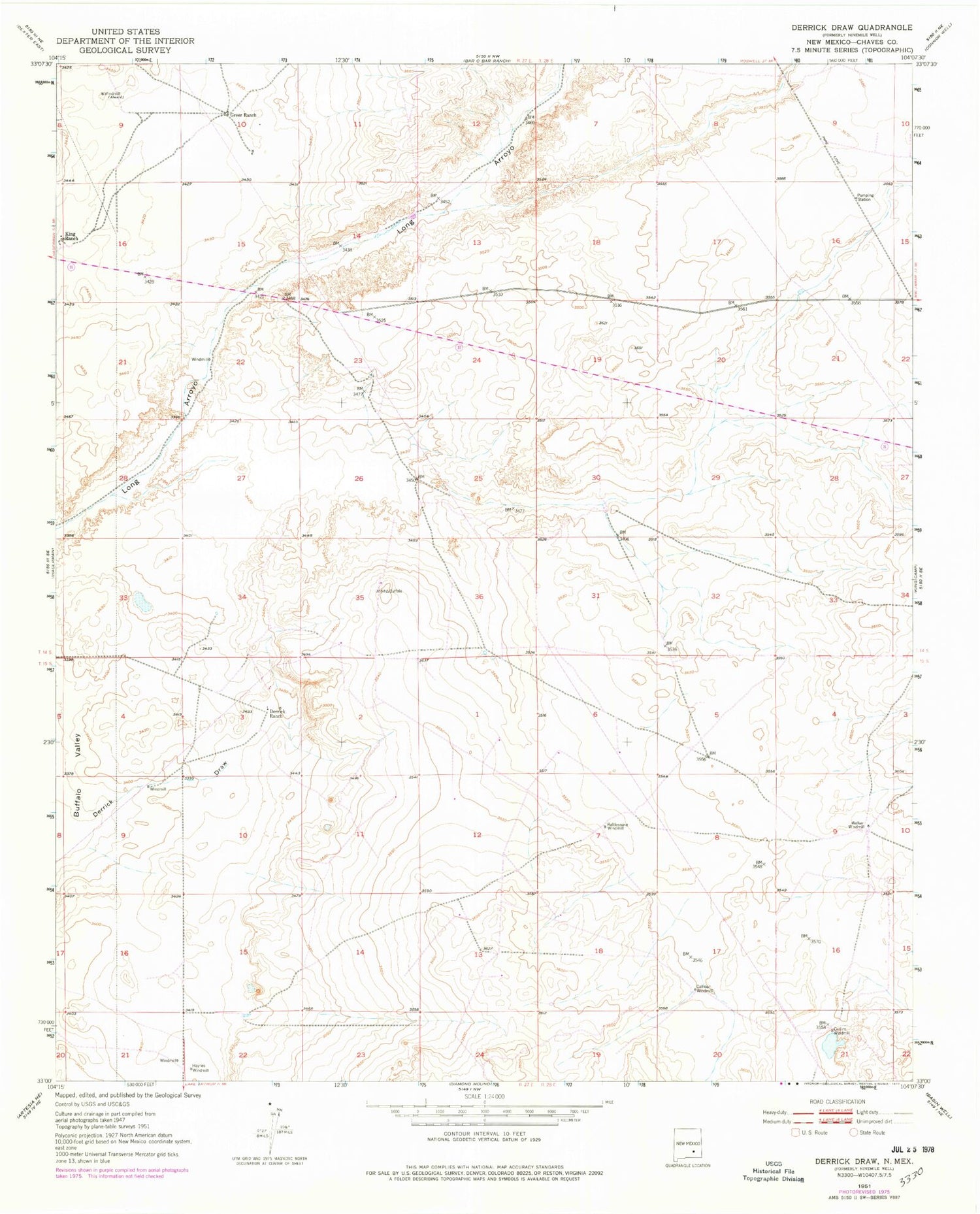 Classic USGS Derrick Draw New Mexico 7.5'x7.5' Topo Map Image