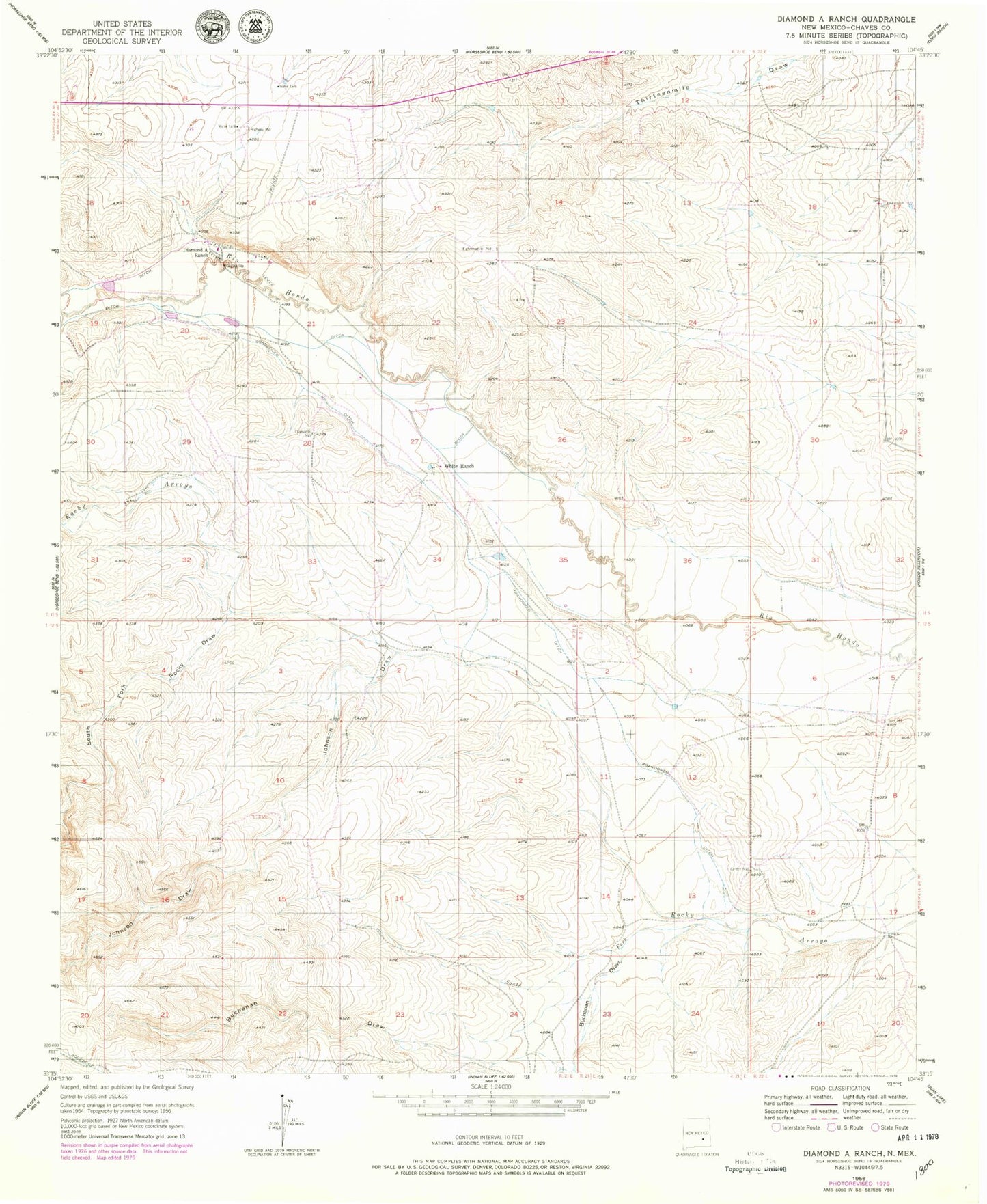 Classic USGS Diamond A Ranch New Mexico 7.5'x7.5' Topo Map Image