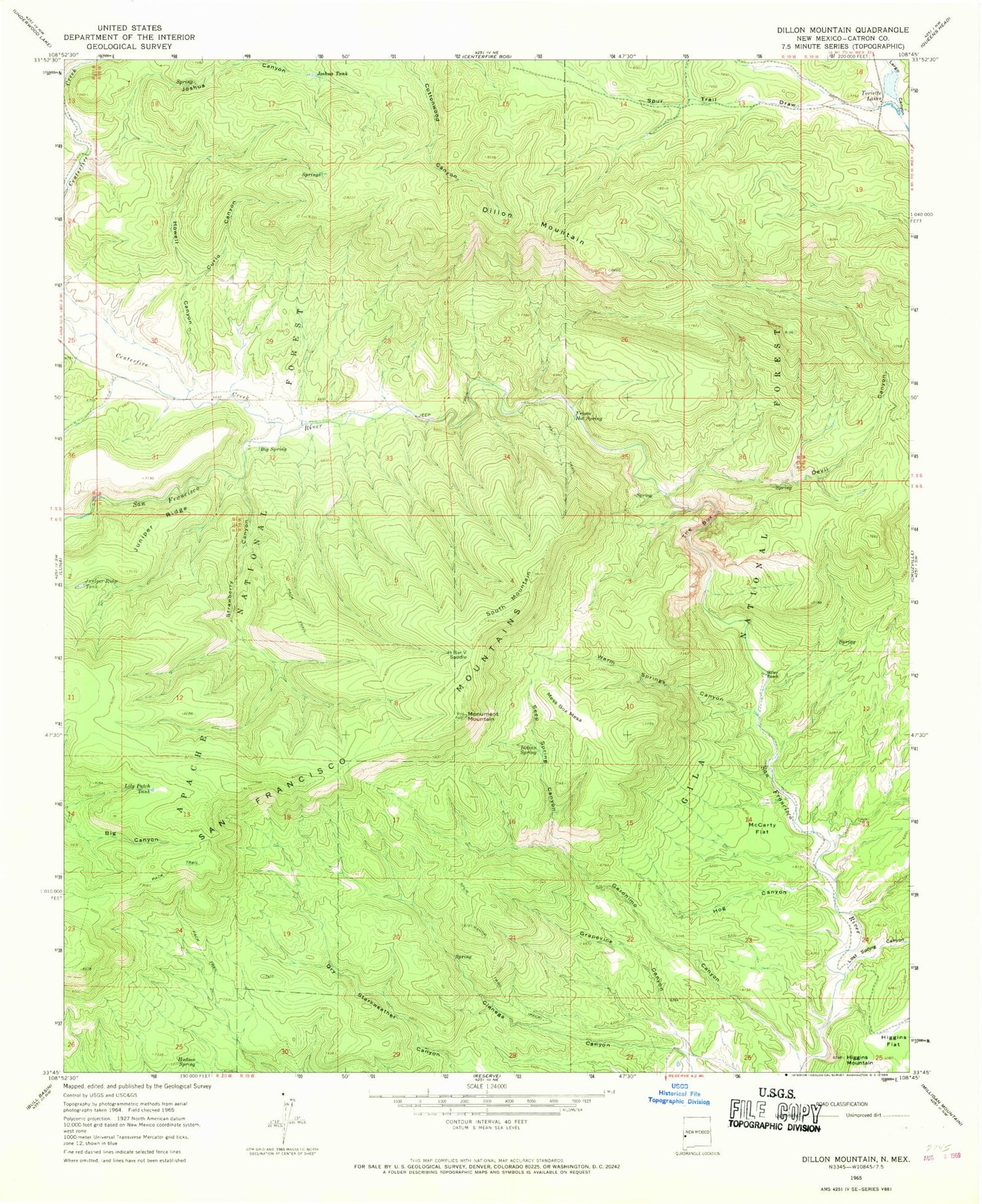 Classic USGS Dillon Mountain New Mexico 7.5'x7.5' Topo Map Image
