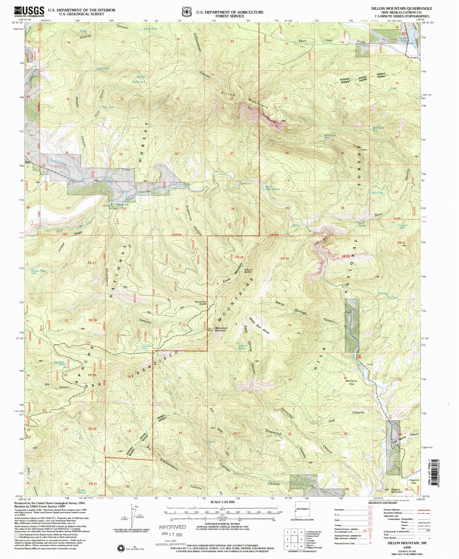 Classic USGS Dillon Mountain New Mexico 7.5'x7.5' Topo Map Image