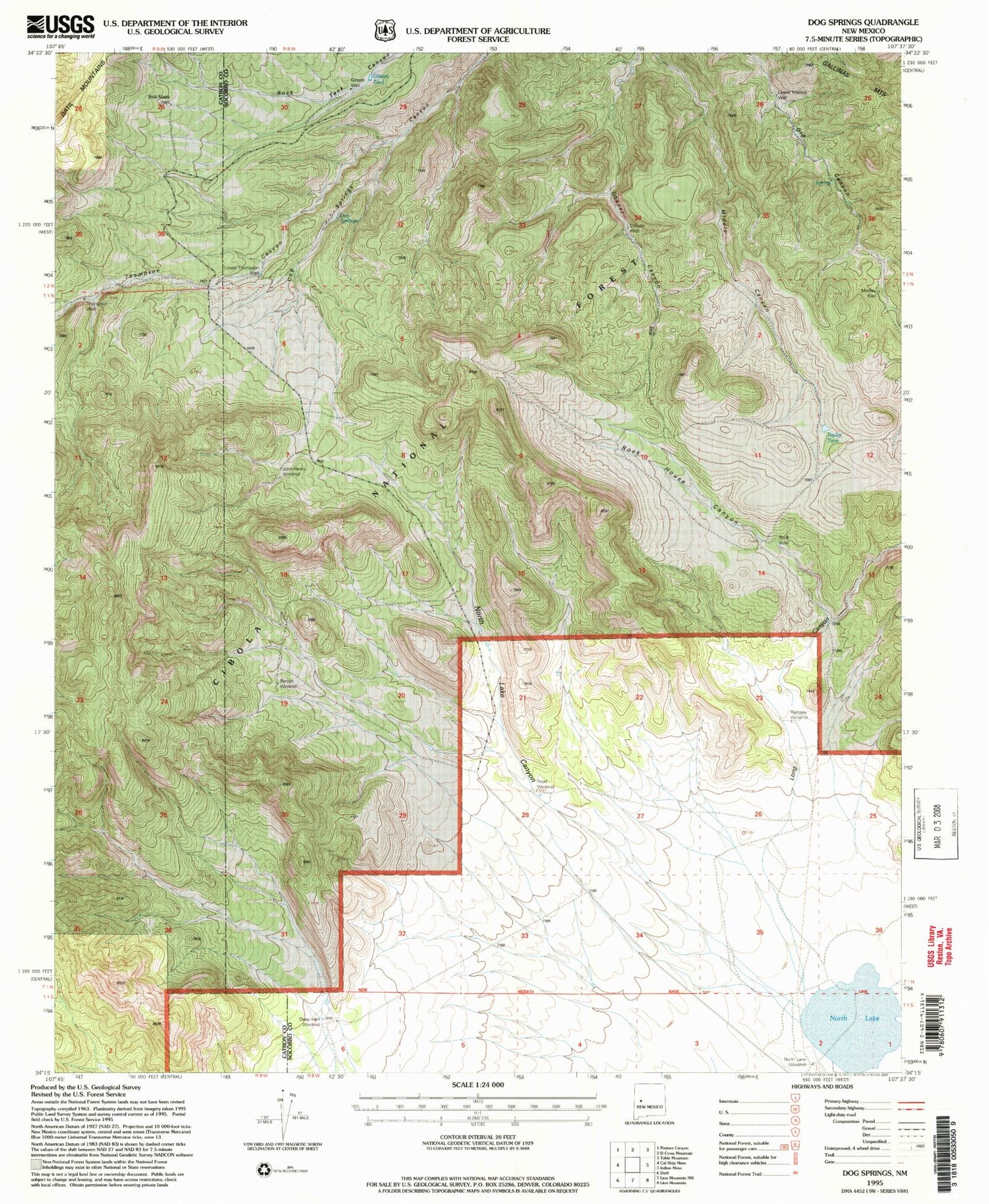 Classic USGS Dog Springs New Mexico 7.5'x7.5' Topo Map Image
