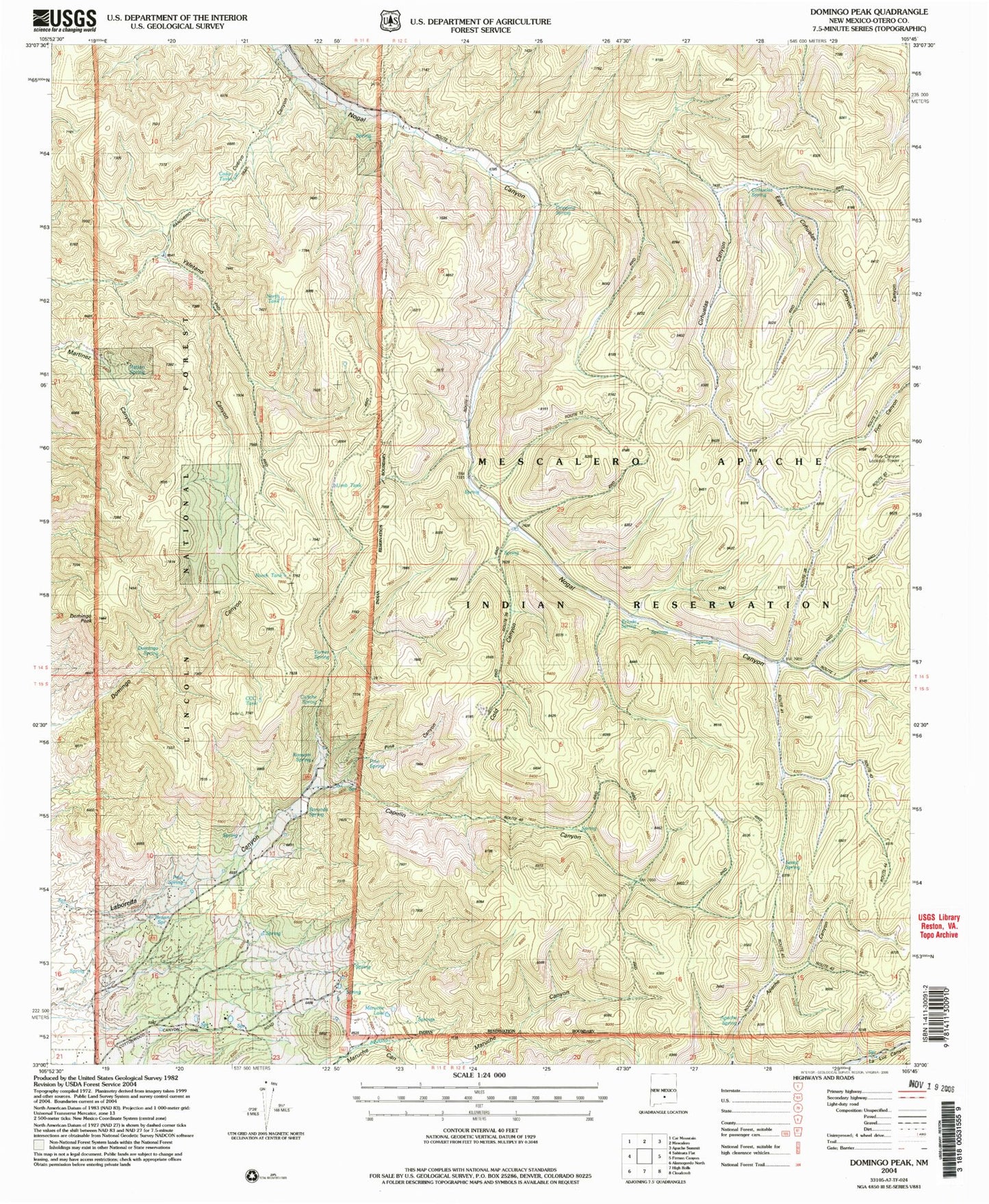 Classic USGS Domingo Peak New Mexico 7.5'x7.5' Topo Map Image