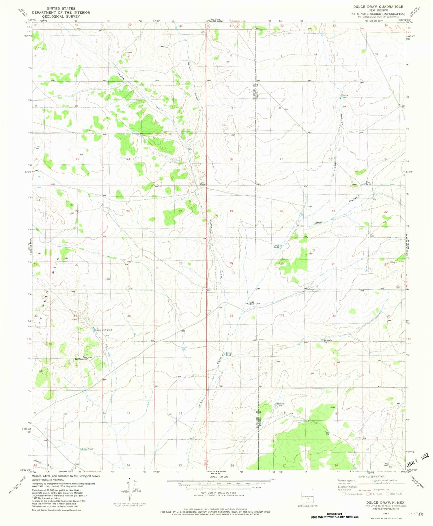 Classic USGS Dulce Draw New Mexico 7.5'x7.5' Topo Map Image
