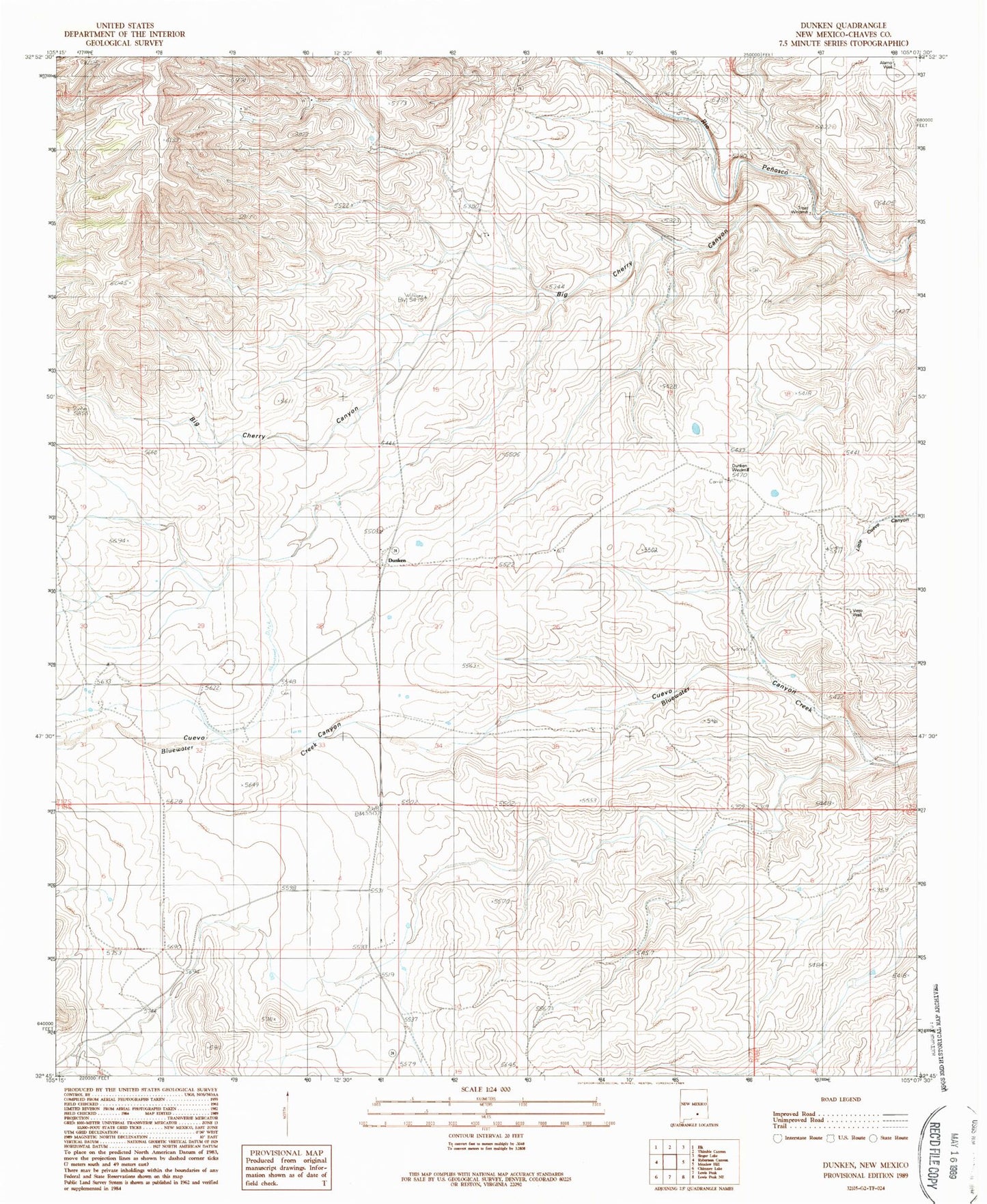Classic USGS Dunken New Mexico 7.5'x7.5' Topo Map Image