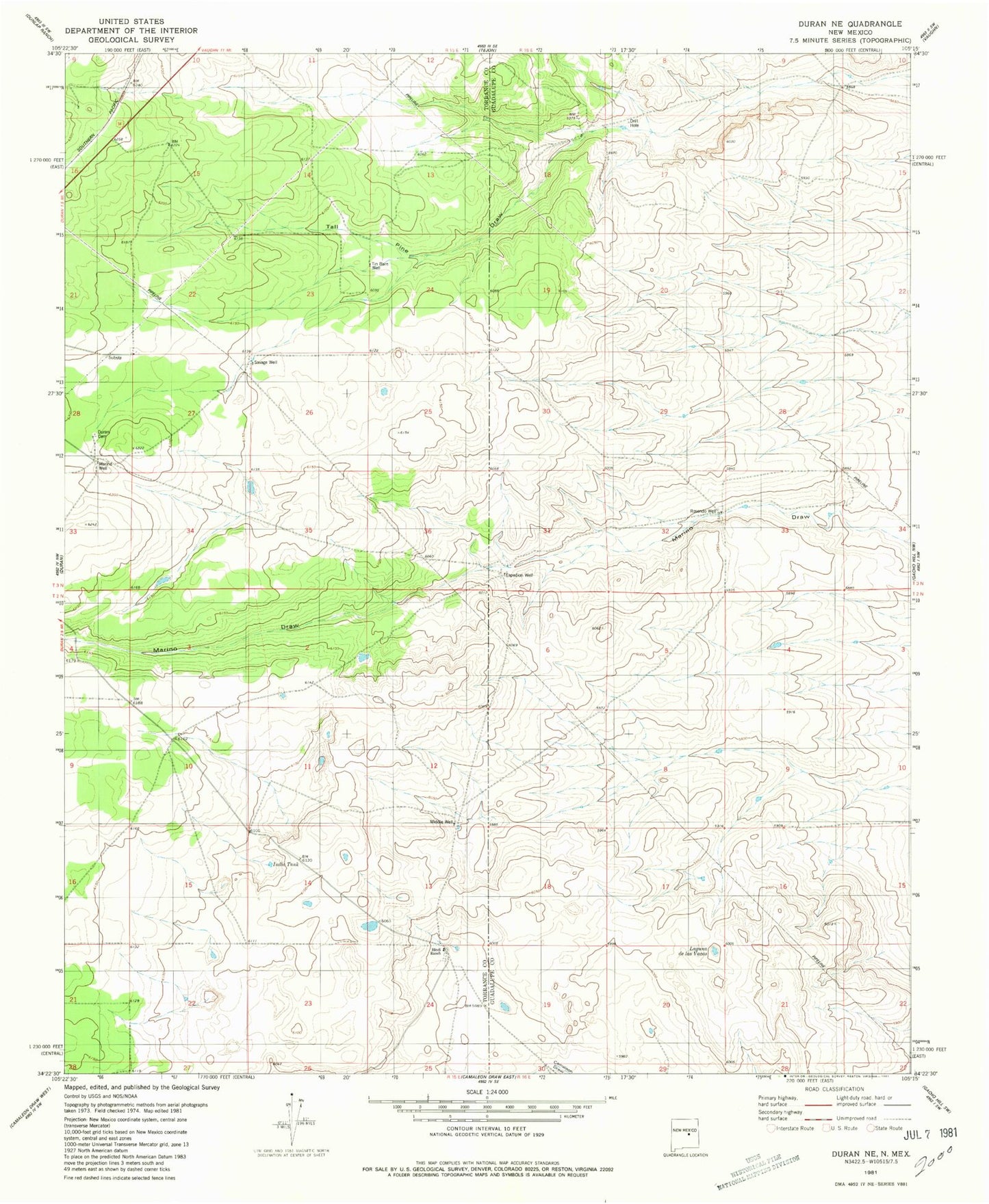 Classic USGS Duran NE New Mexico 7.5'x7.5' Topo Map Image