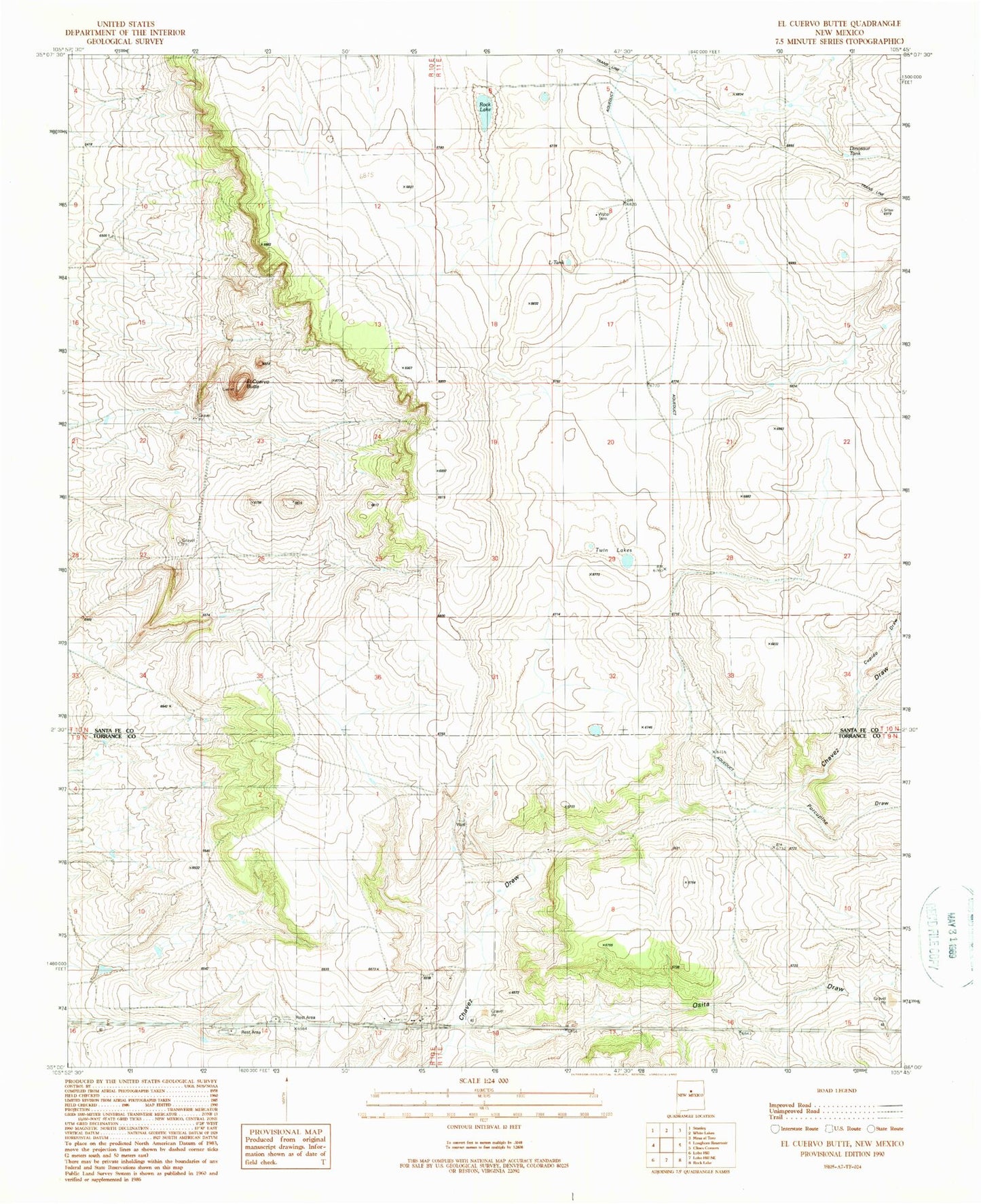 Classic USGS El Cuervo Butte New Mexico 7.5'x7.5' Topo Map Image