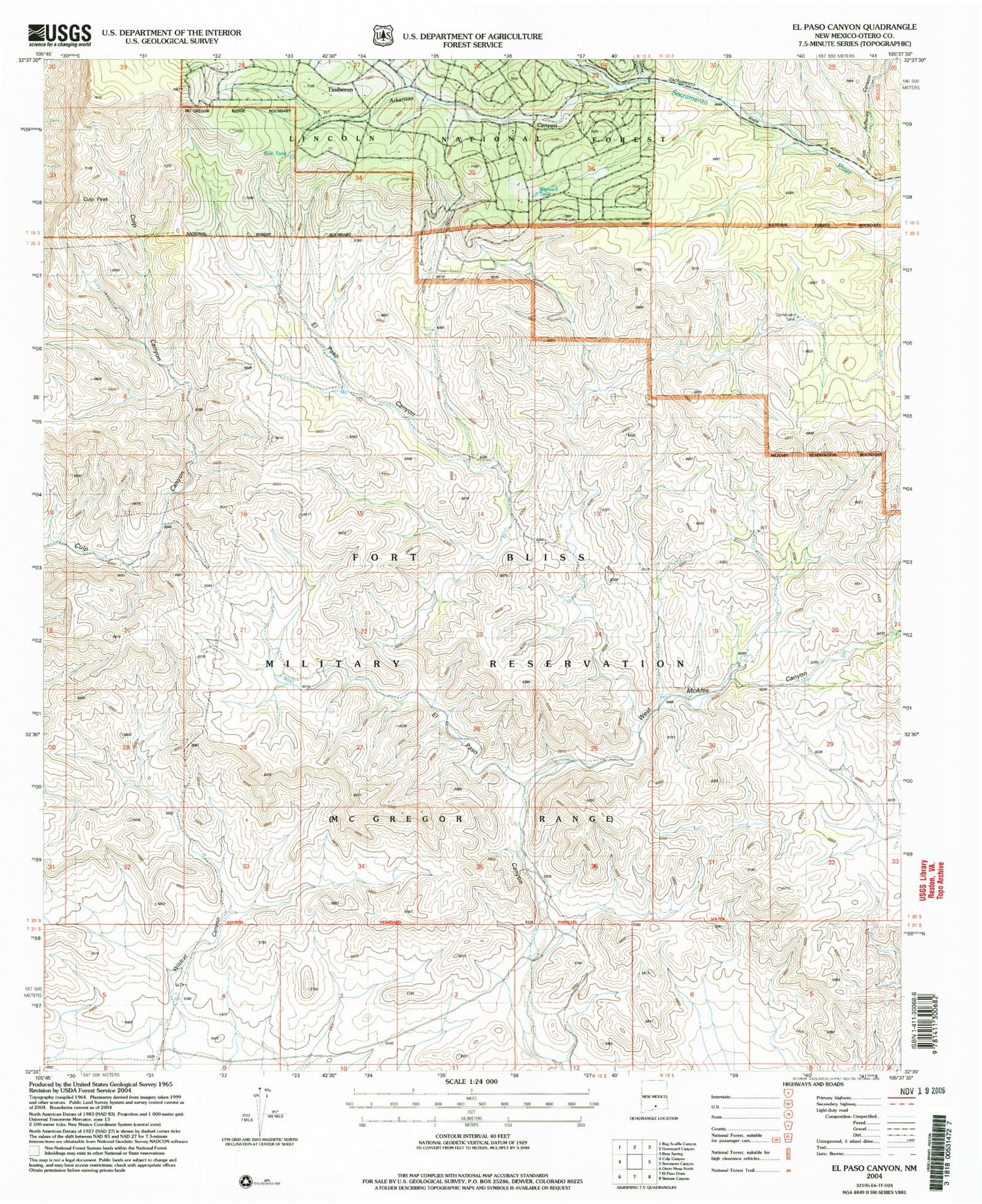 Classic USGS El Paso Canyon New Mexico 7.5'x7.5' Topo Map Image