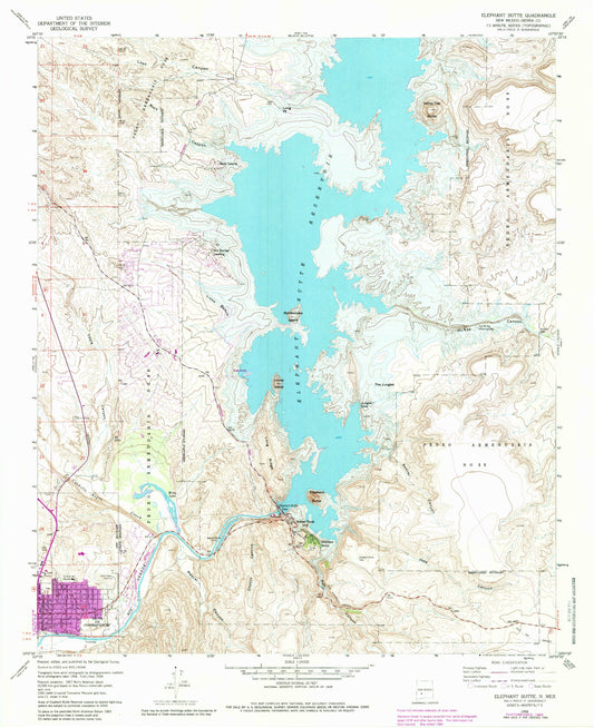 Classic USGS Elephant Butte New Mexico 7.5'x7.5' Topo Map Image