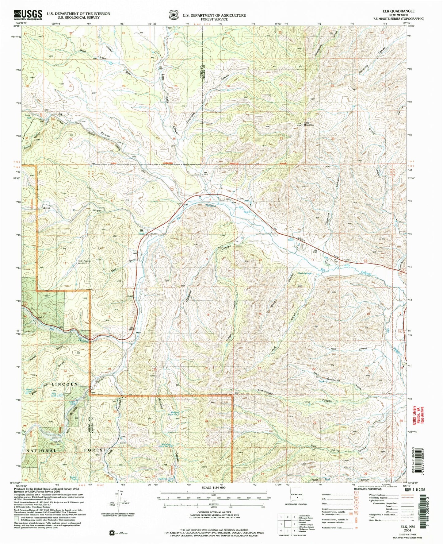 Classic USGS Elk New Mexico 7.5'x7.5' Topo Map Image