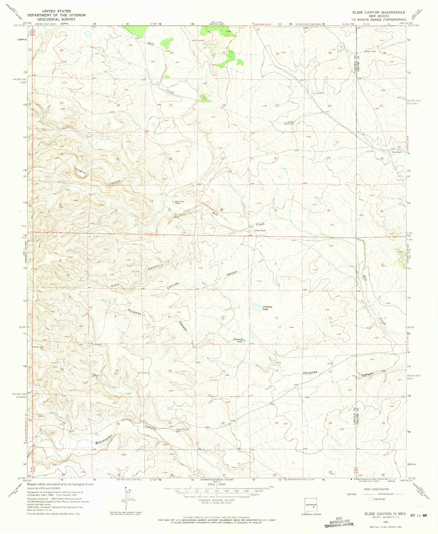 Classic USGS Elsie Canyon New Mexico 7.5'x7.5' Topo Map Image