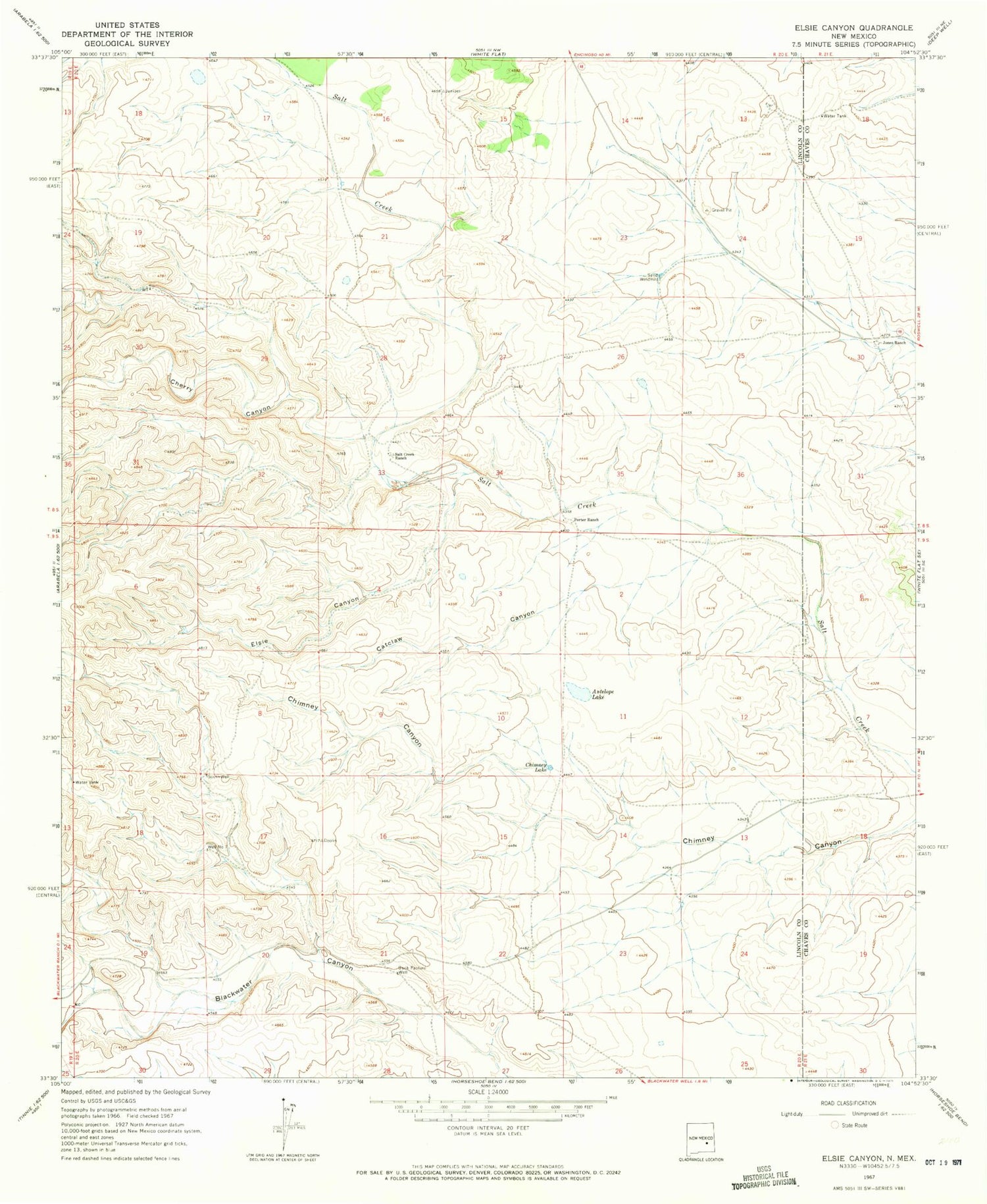 Classic USGS Elsie Canyon New Mexico 7.5'x7.5' Topo Map Image