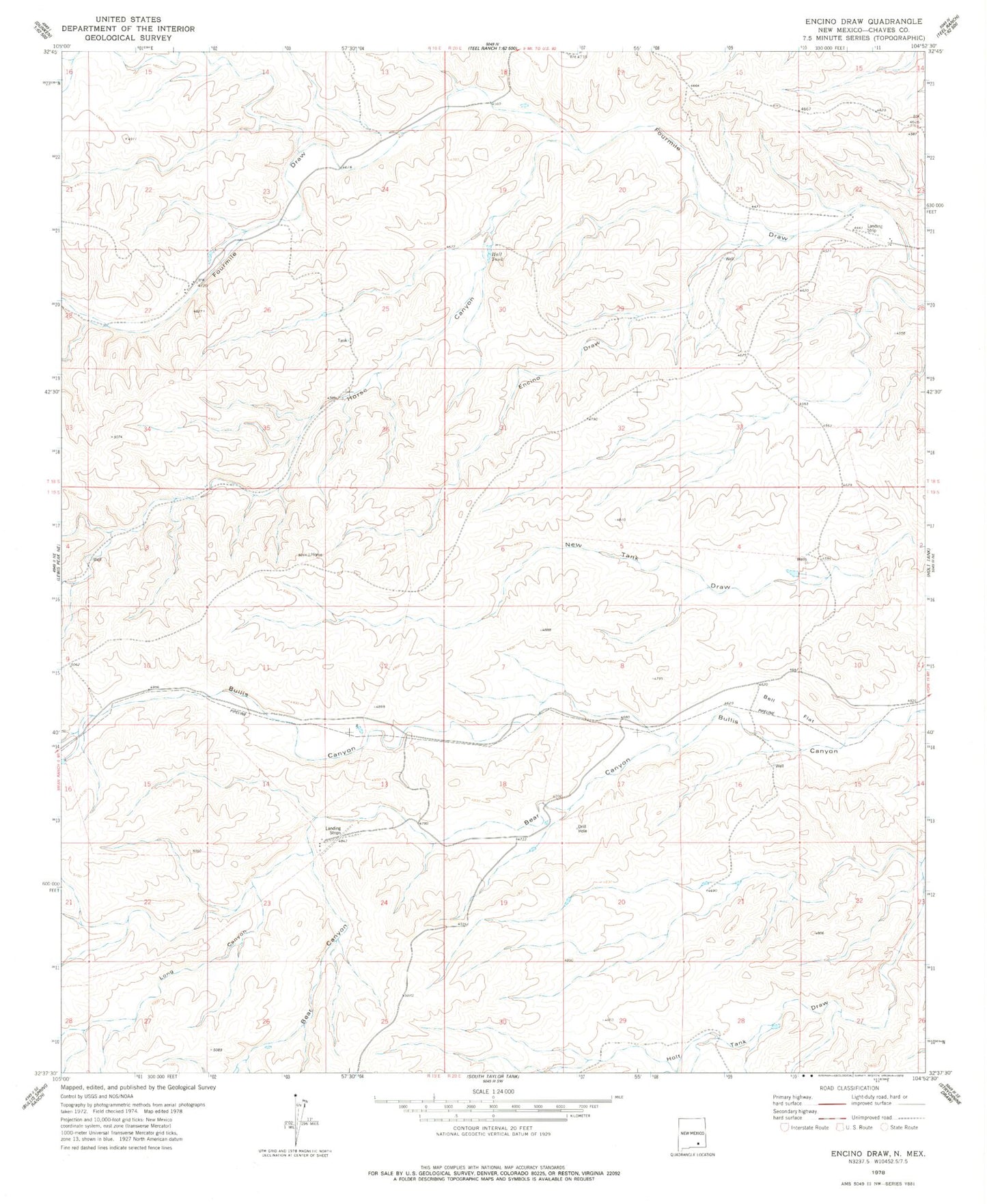 Classic USGS Encino Draw New Mexico 7.5'x7.5' Topo Map Image