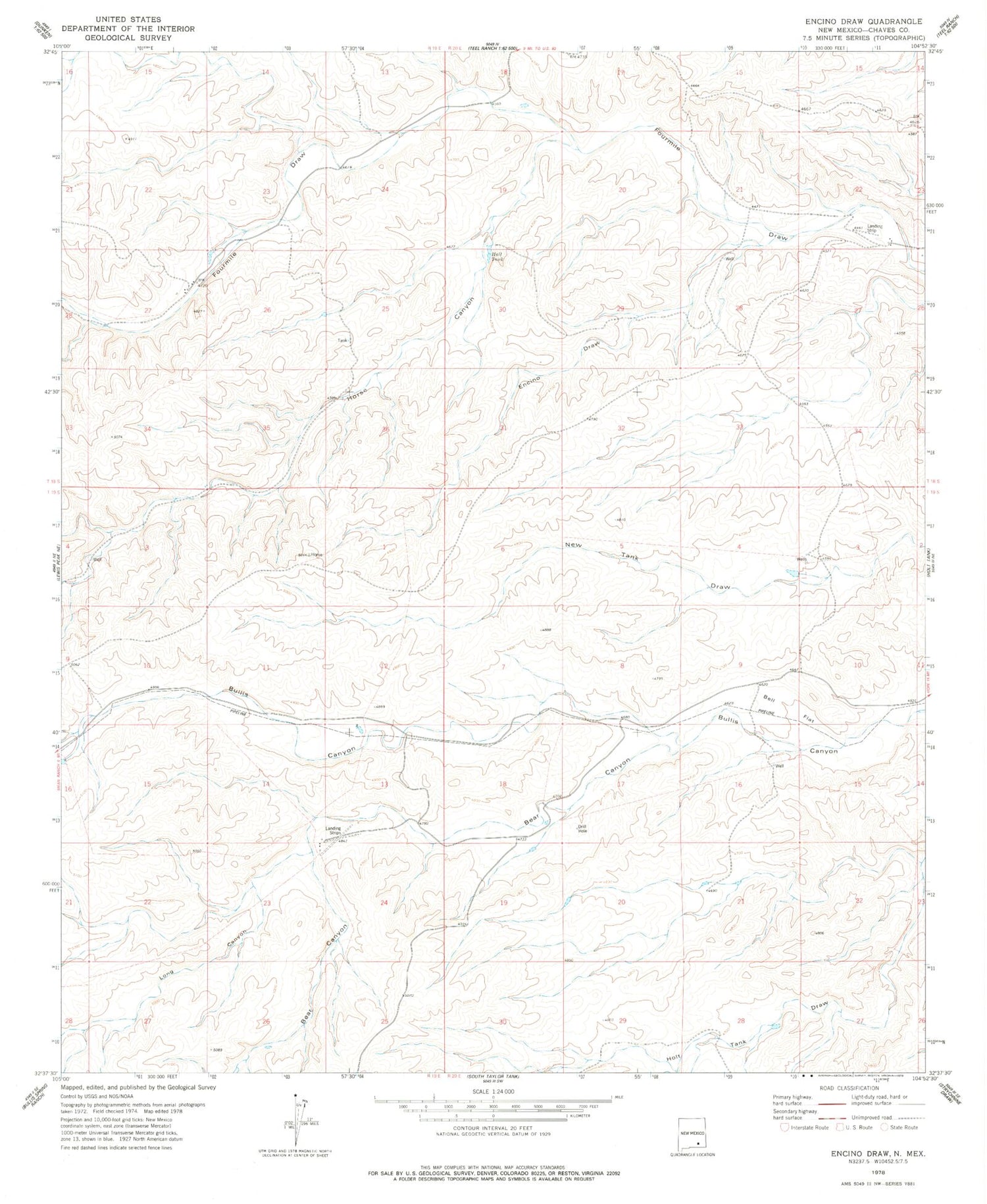 Classic USGS Encino Draw New Mexico 7.5'x7.5' Topo Map Image