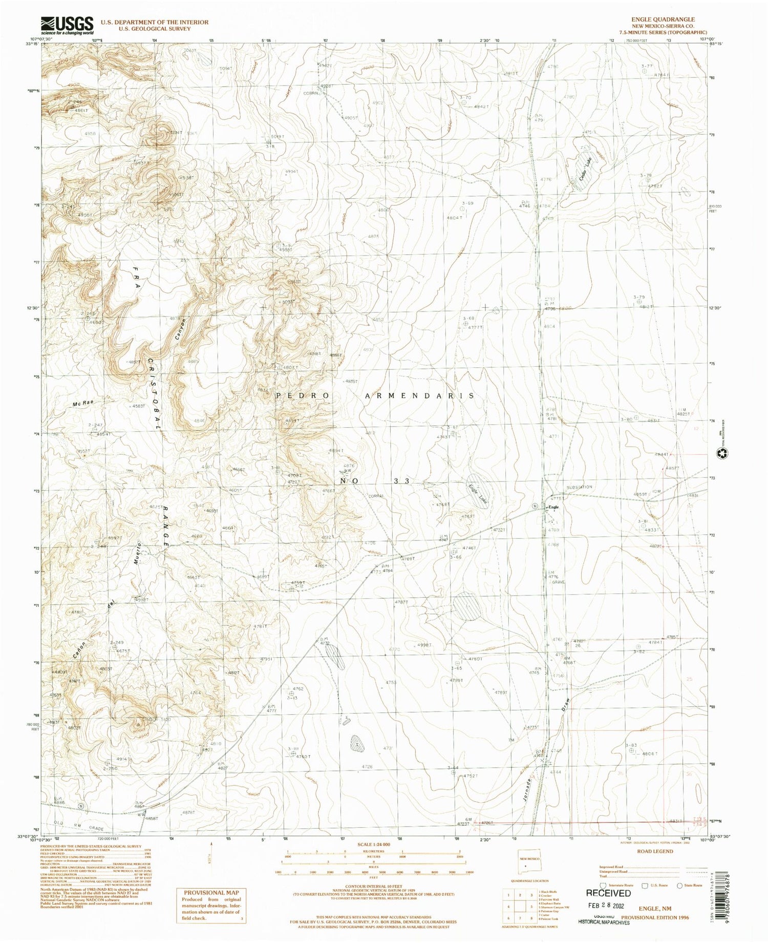 Classic USGS Engle New Mexico 7.5'x7.5' Topo Map Image