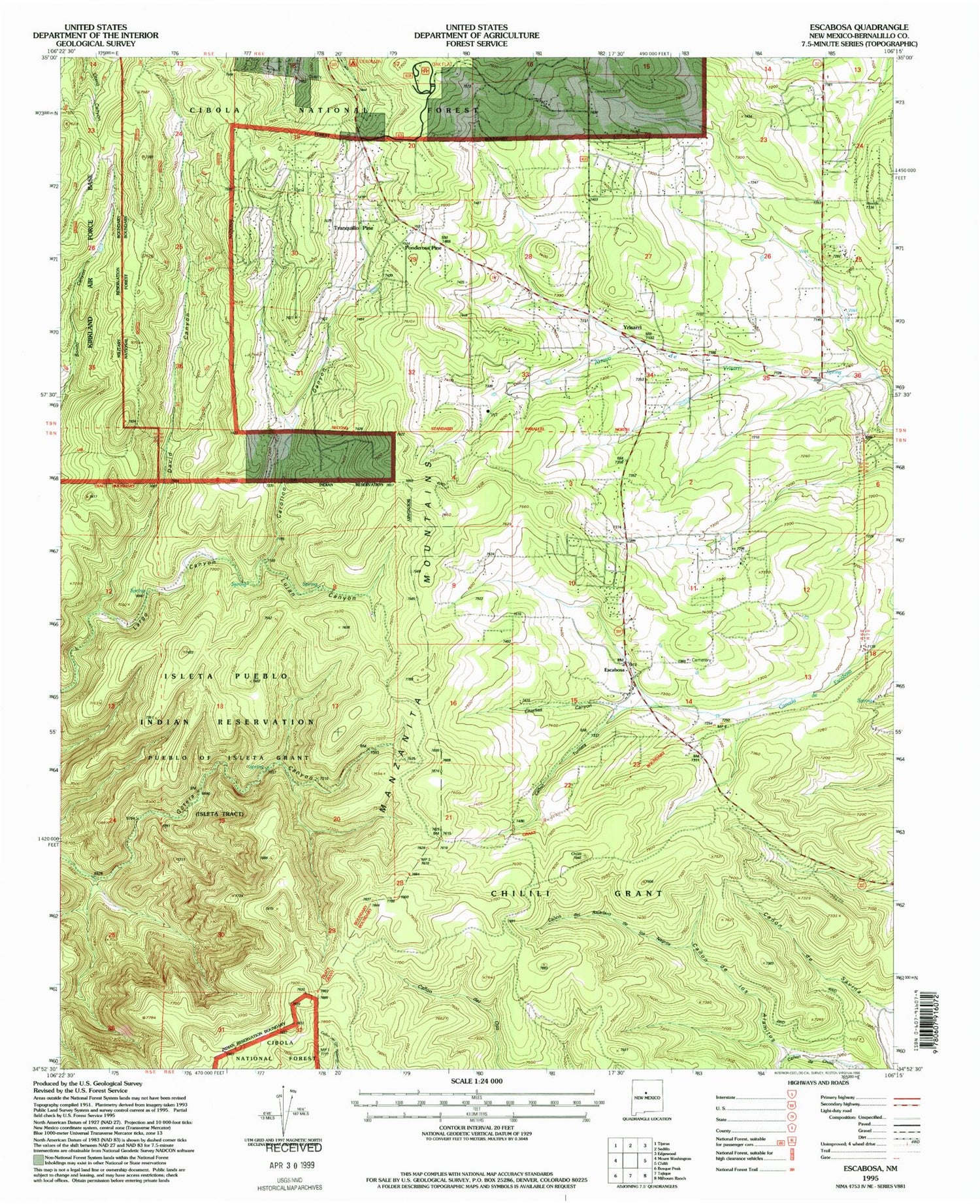 Classic USGS Escabosa New Mexico 7.5'x7.5' Topo Map Image