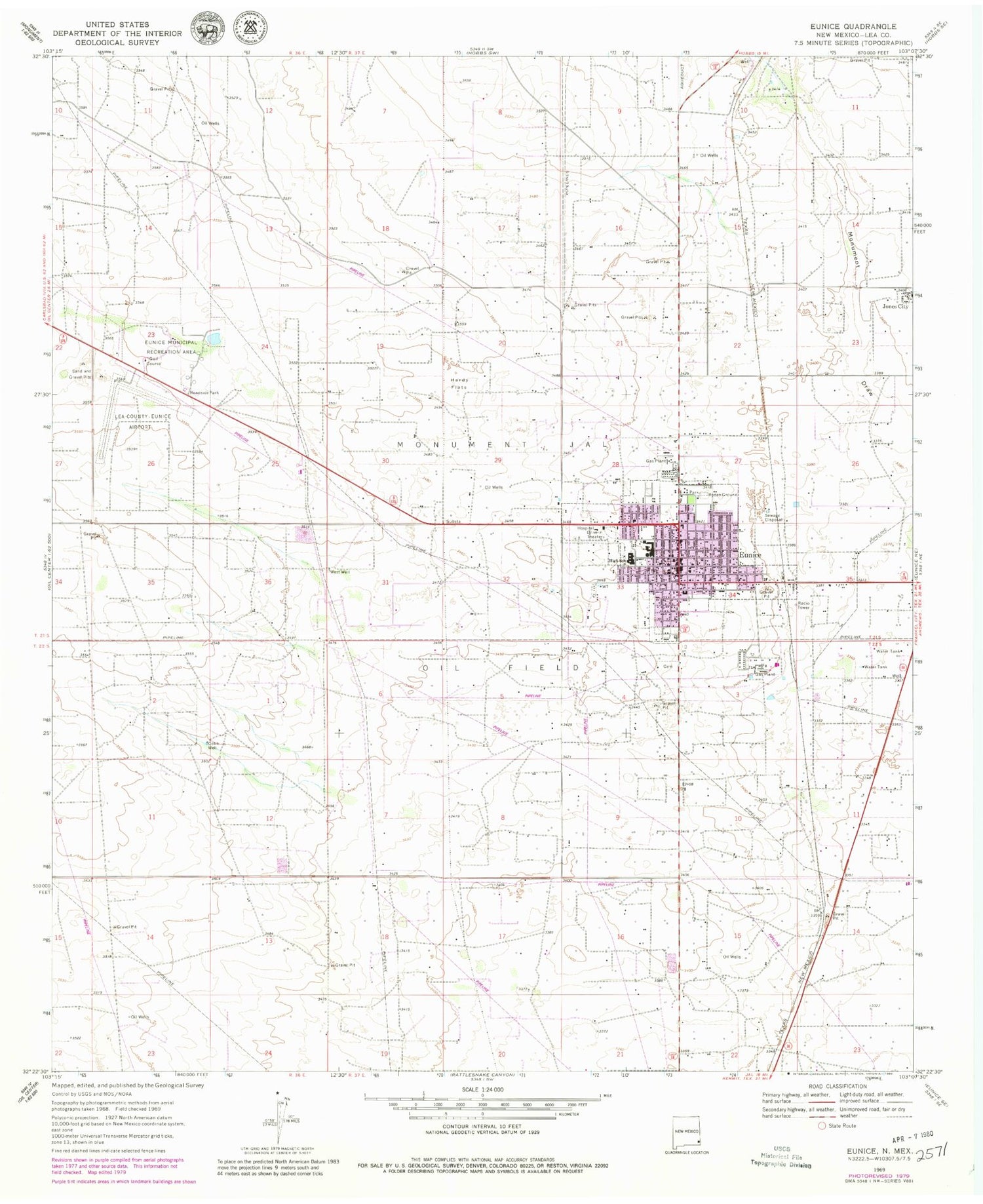 Classic USGS Eunice New Mexico 7.5'x7.5' Topo Map Image