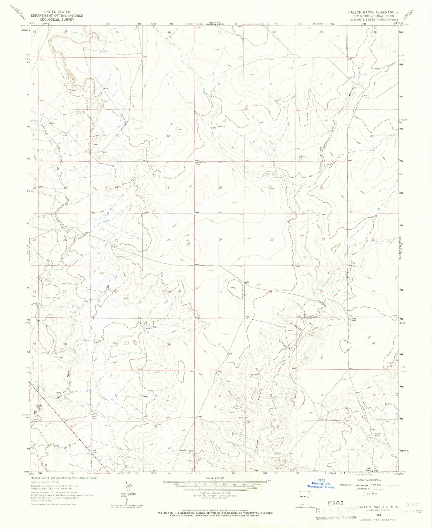 Classic USGS Fallon Ranch New Mexico 7.5'x7.5' Topo Map Image