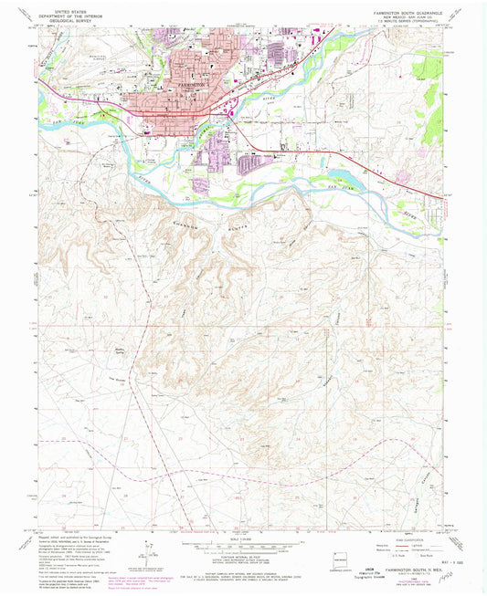 Classic USGS Farmington South New Mexico 7.5'x7.5' Topo Map Image