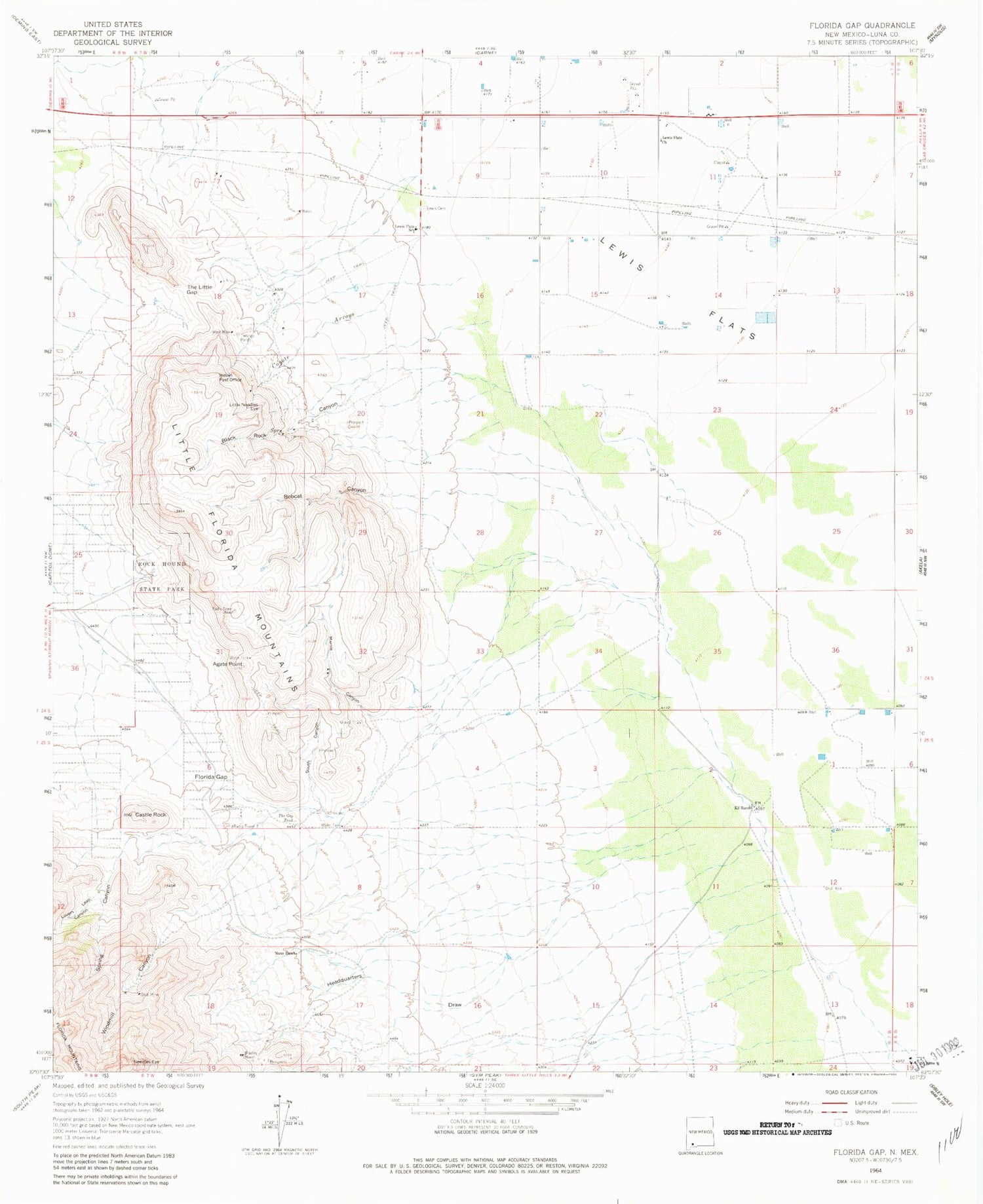 Classic USGS Florida Gap New Mexico 7.5'x7.5' Topo Map Image