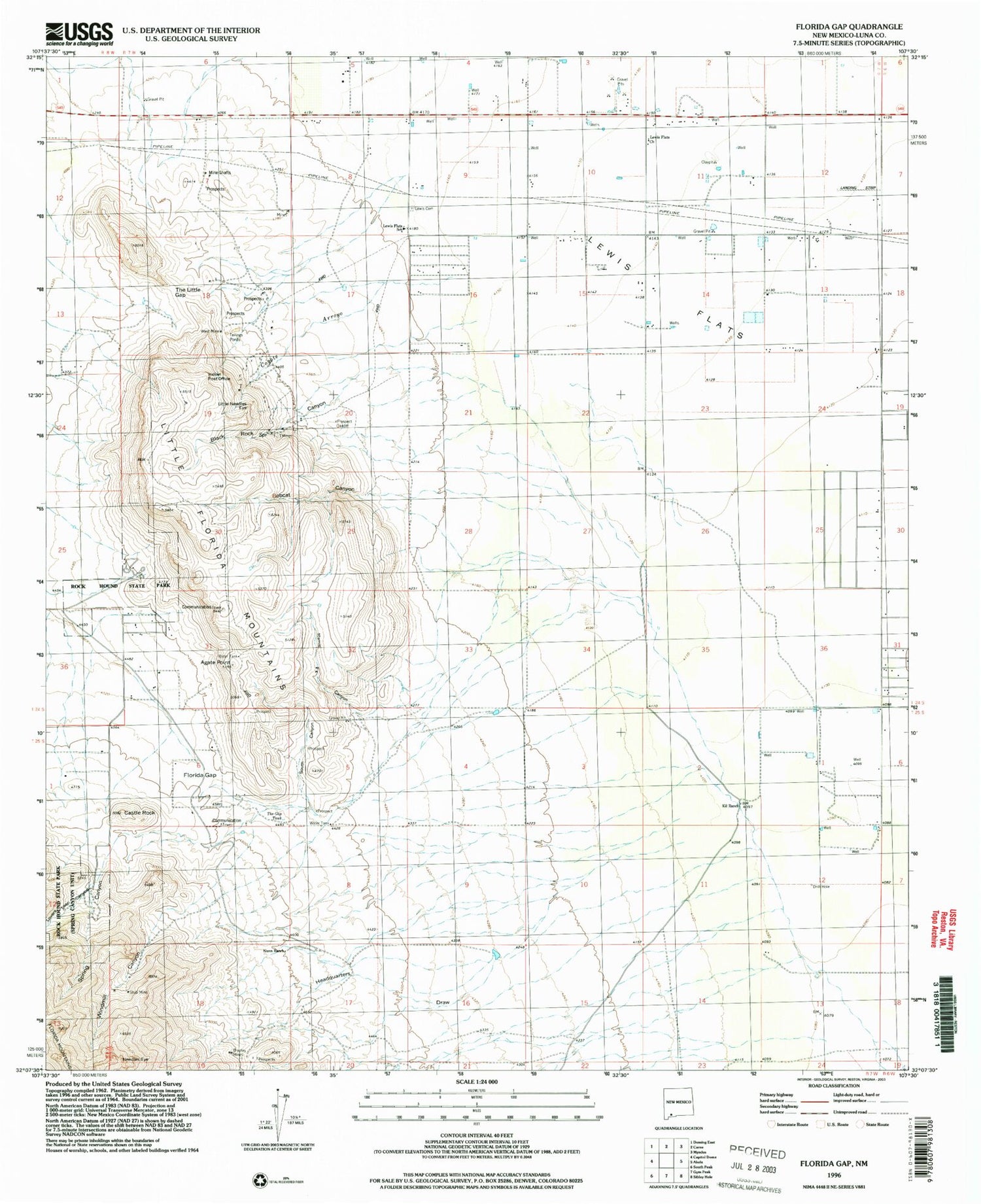 Classic USGS Florida Gap New Mexico 7.5'x7.5' Topo Map Image