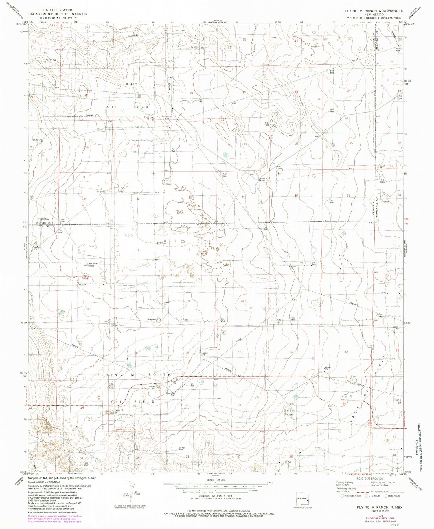 Classic USGS Flying M Ranch New Mexico 7.5'x7.5' Topo Map Image