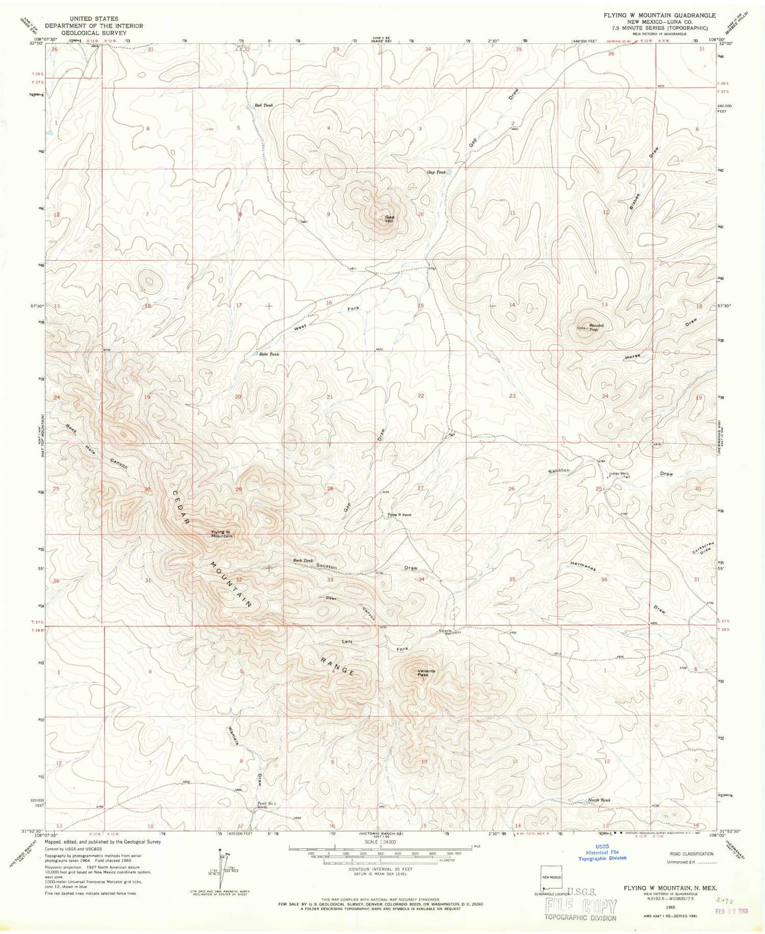 Classic USGS Flying W Mountain New Mexico 7.5'x7.5' Topo Map Image
