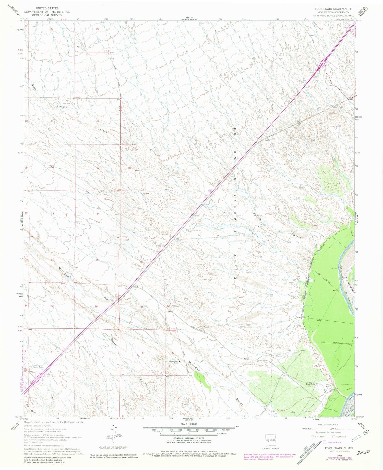 Classic USGS Fort Craig New Mexico 7.5'x7.5' Topo Map Image