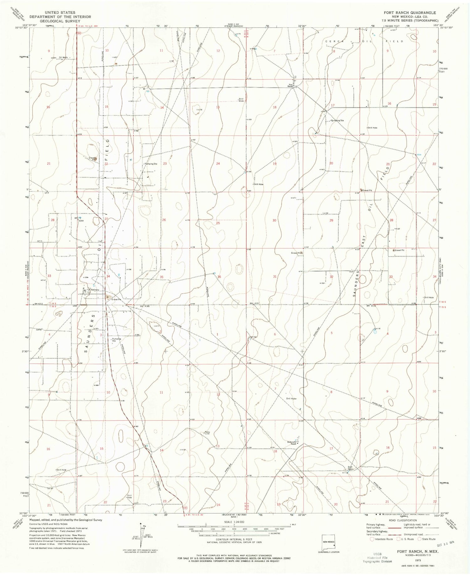 Classic USGS Fort Ranch New Mexico 7.5'x7.5' Topo Map Image