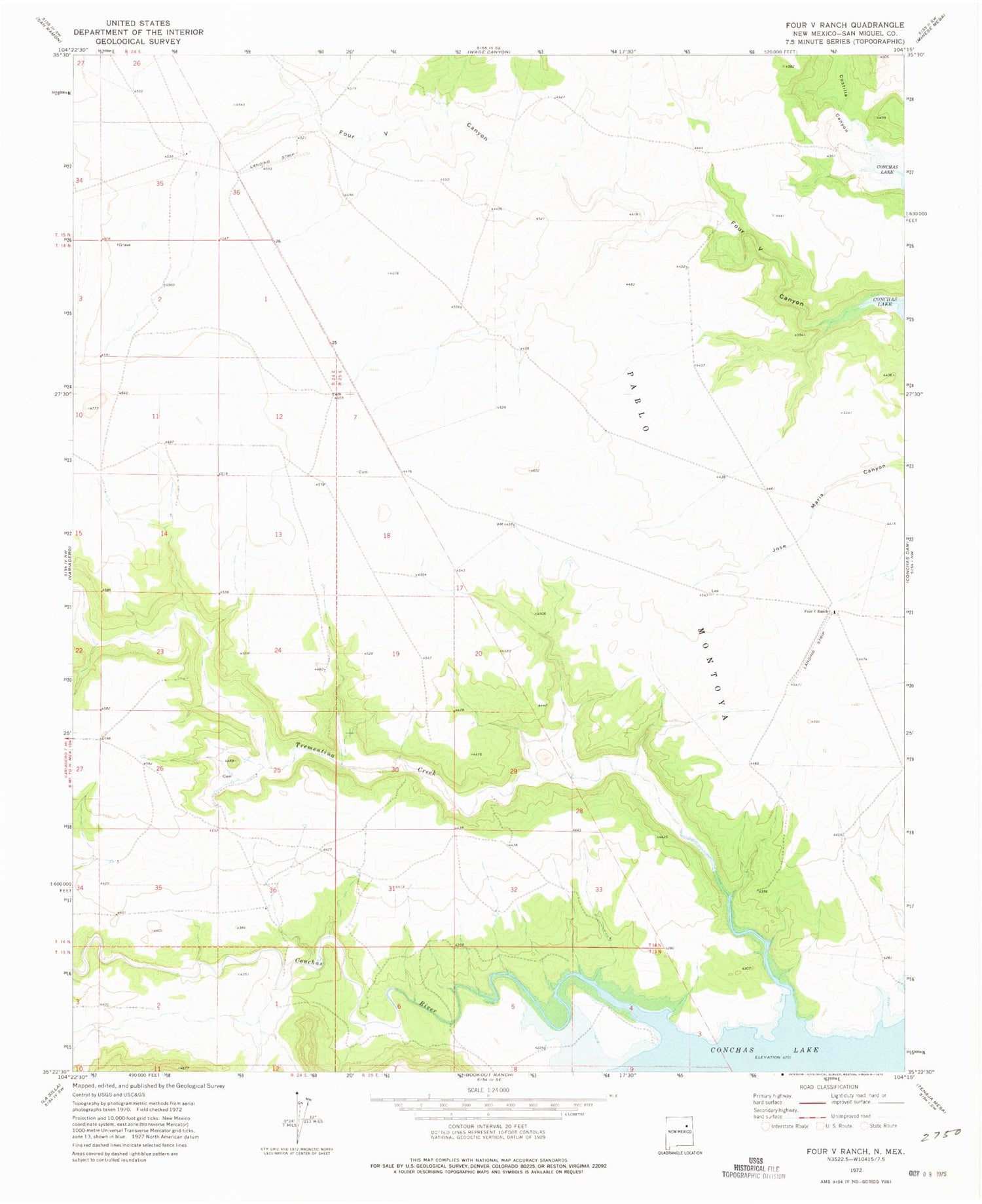 Classic USGS Four V Ranch New Mexico 7.5'x7.5' Topo Map Image
