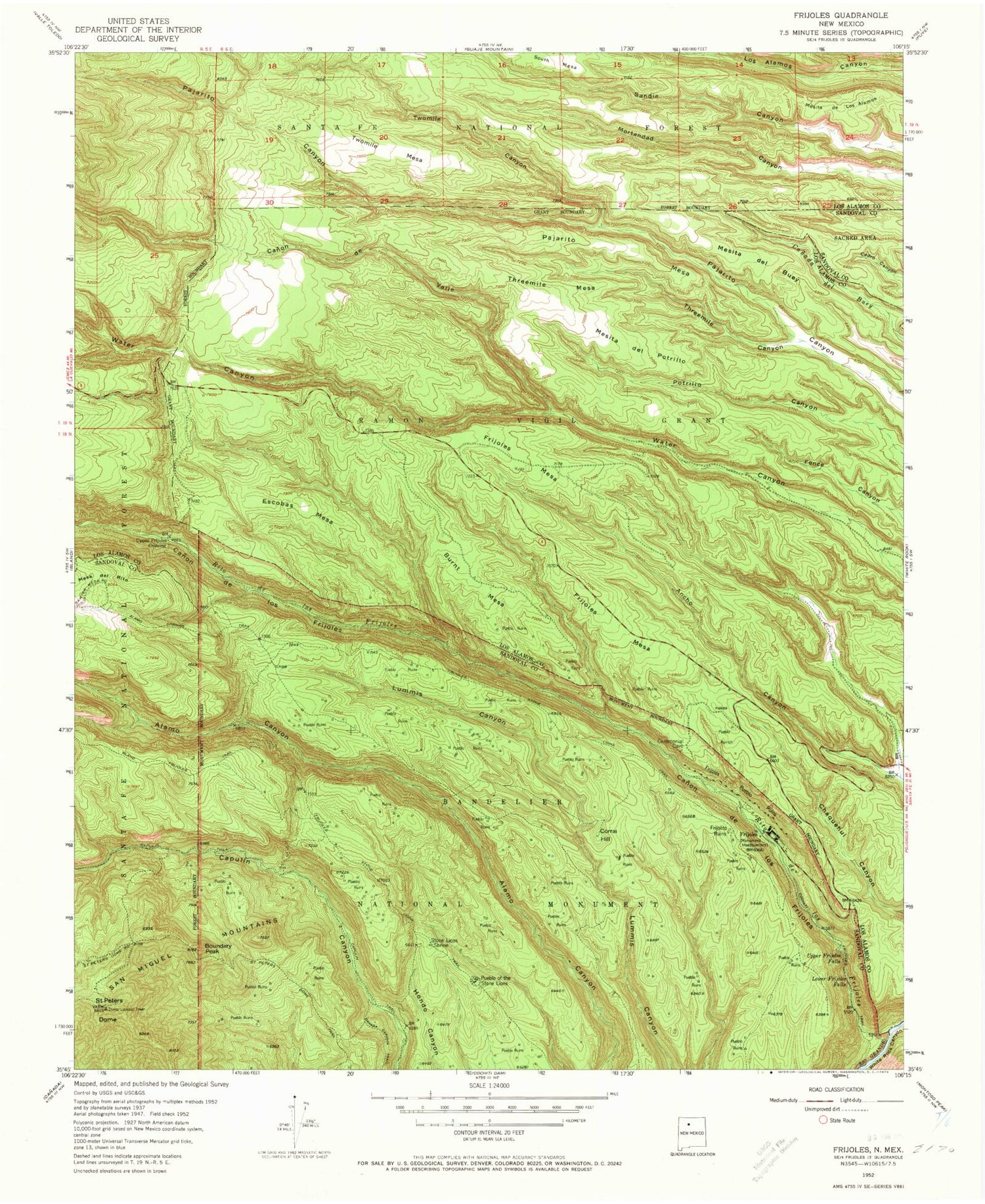 Classic USGS Frijoles New Mexico 7.5'x7.5' Topo Map Image