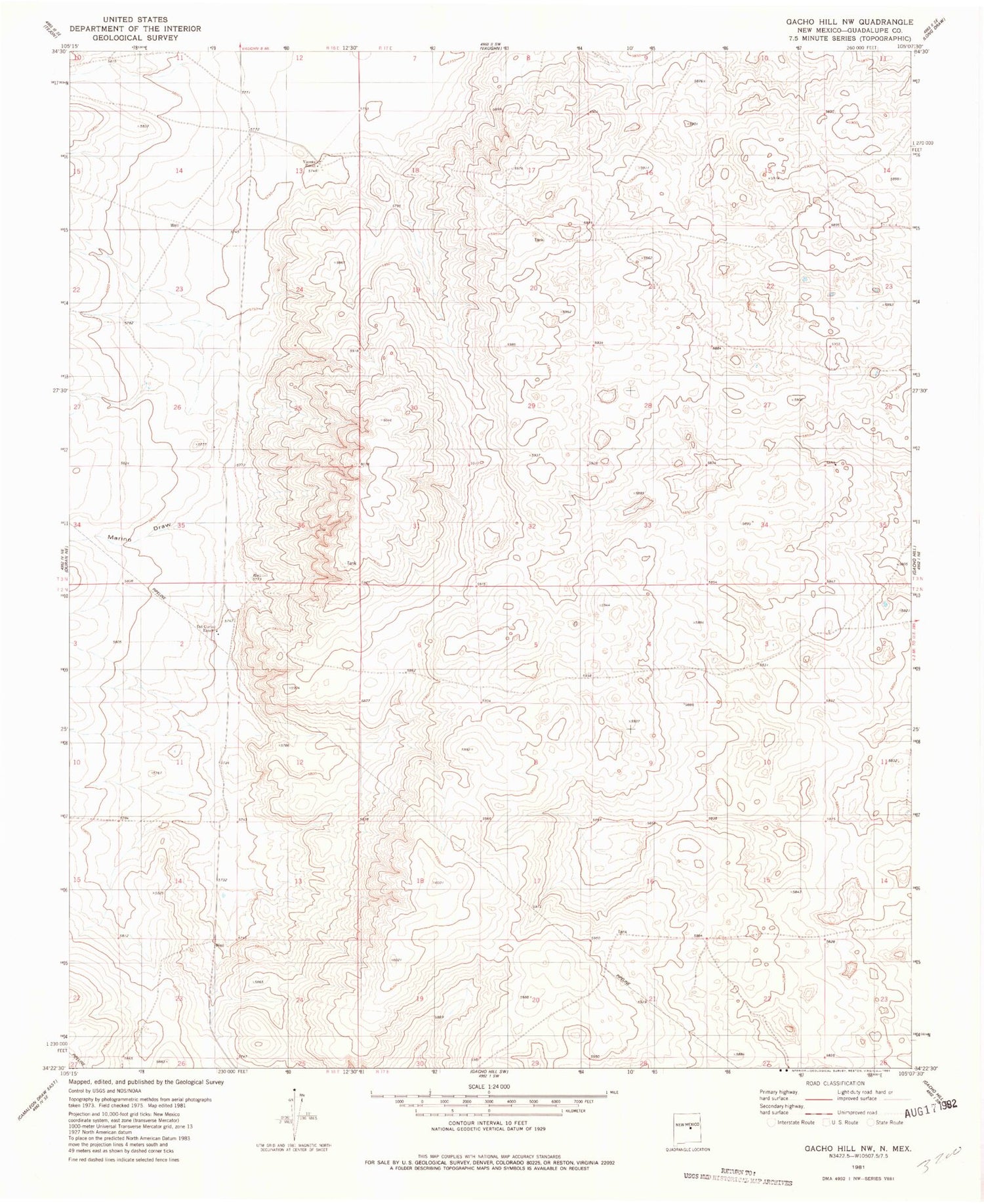 Classic USGS Gacho Hill NW New Mexico 7.5'x7.5' Topo Map Image