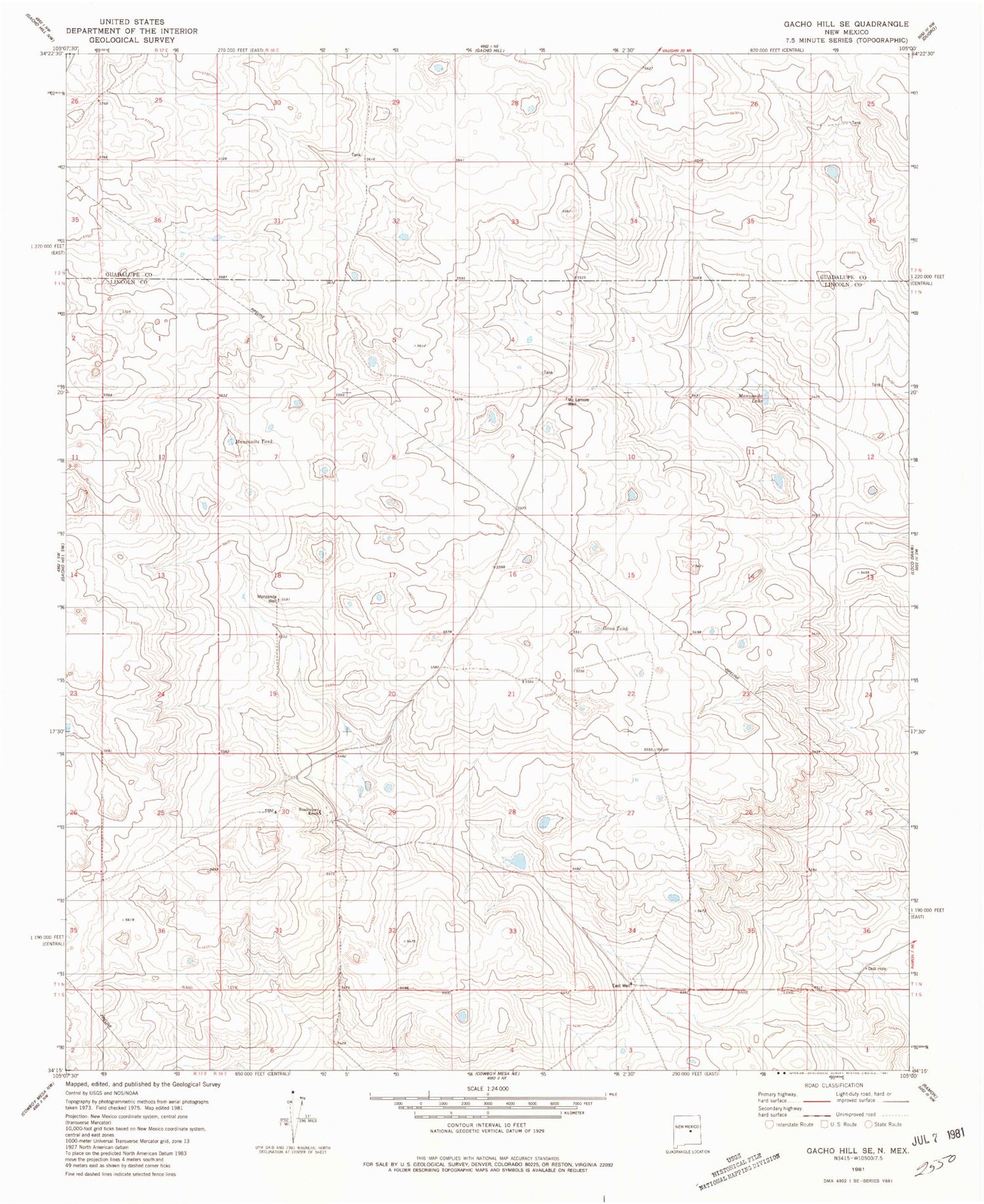 Classic USGS Gacho Hill SE New Mexico 7.5'x7.5' Topo Map Image