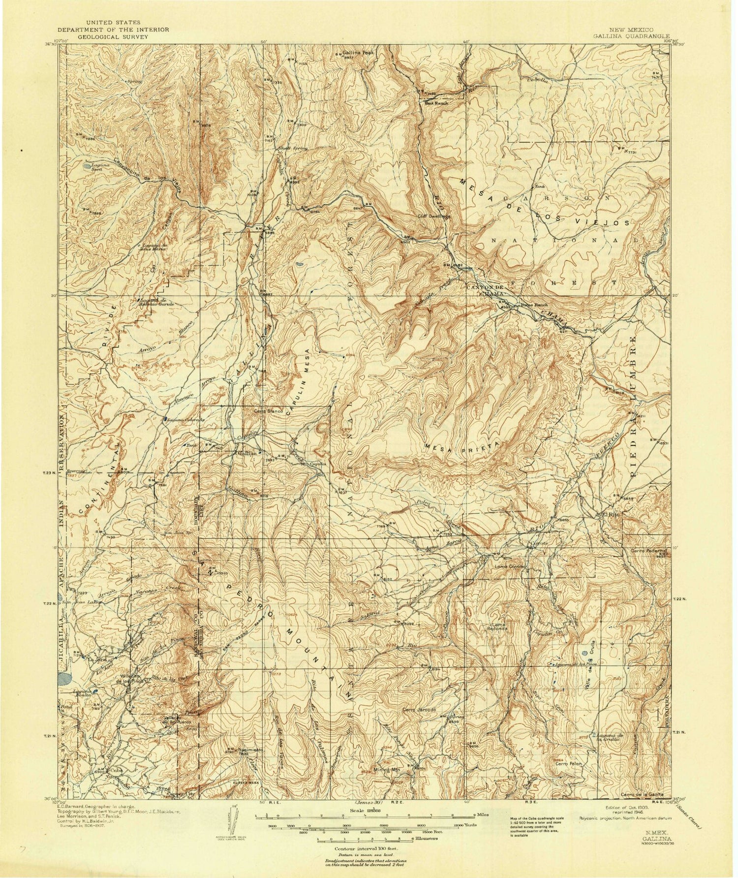Historic 1909 Gallina New Mexico 30'x30' Topo Map Image