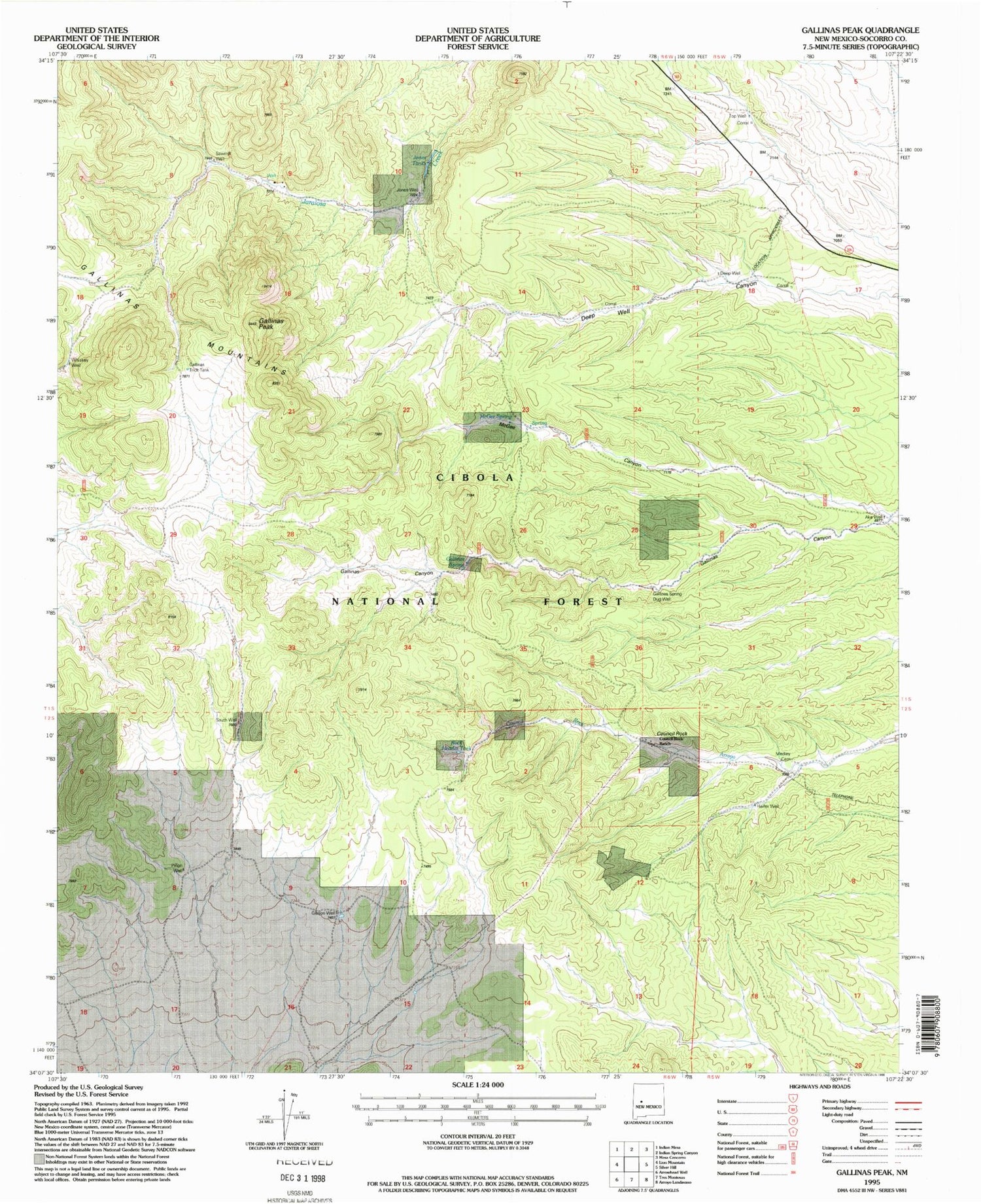 Classic USGS Gallinas Peak New Mexico 7.5'x7.5' Topo Map Image