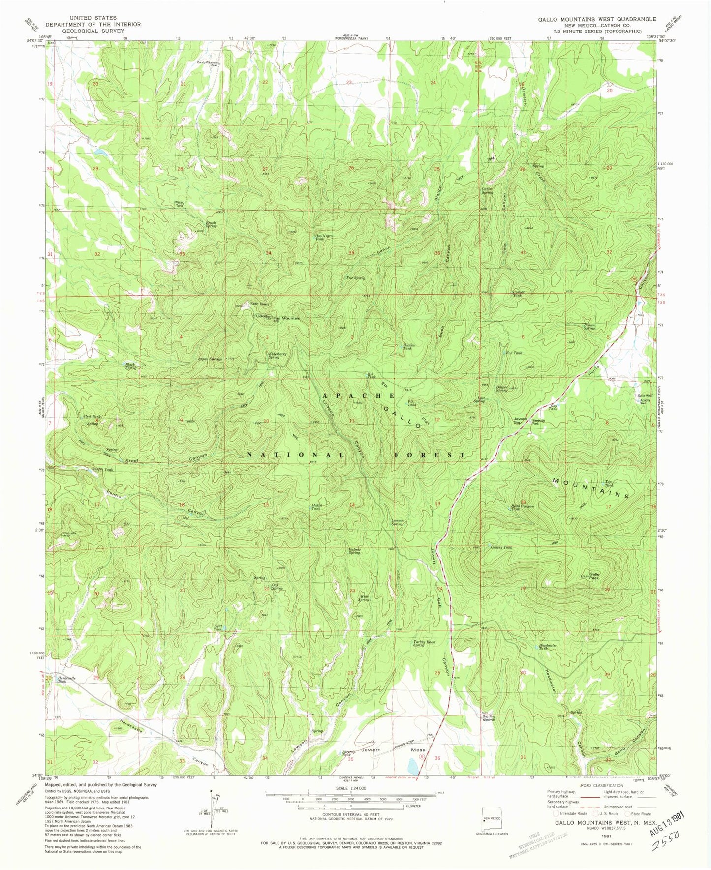 Classic USGS Gallo Mountains West New Mexico 7.5'x7.5' Topo Map Image