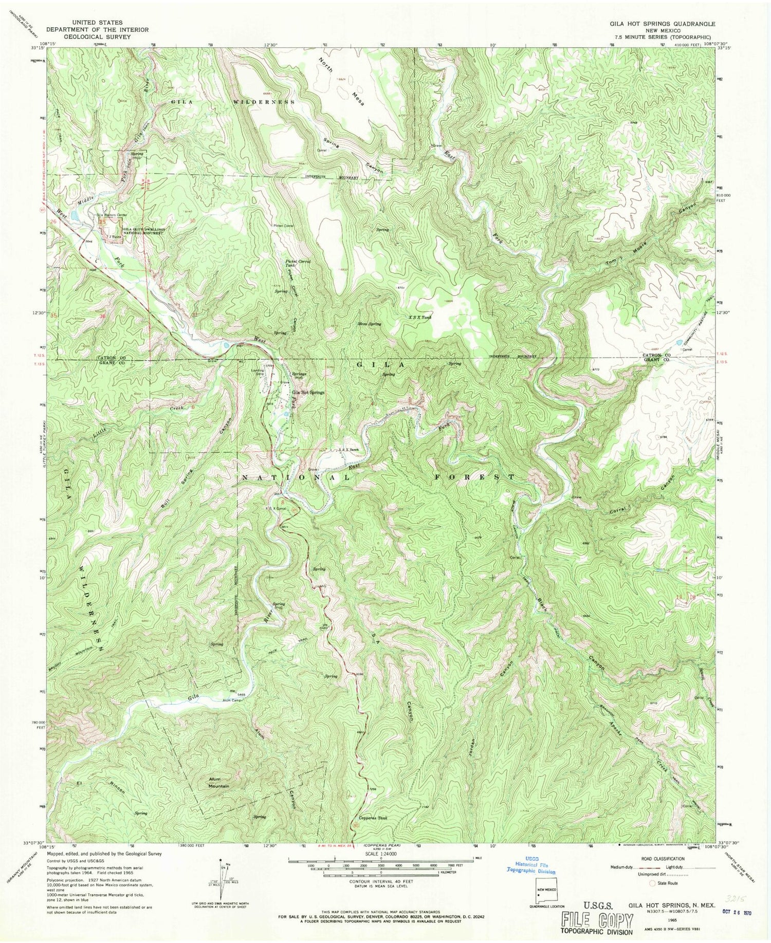 Classic USGS Gila Hot Springs New Mexico 7.5'x7.5' Topo Map Image