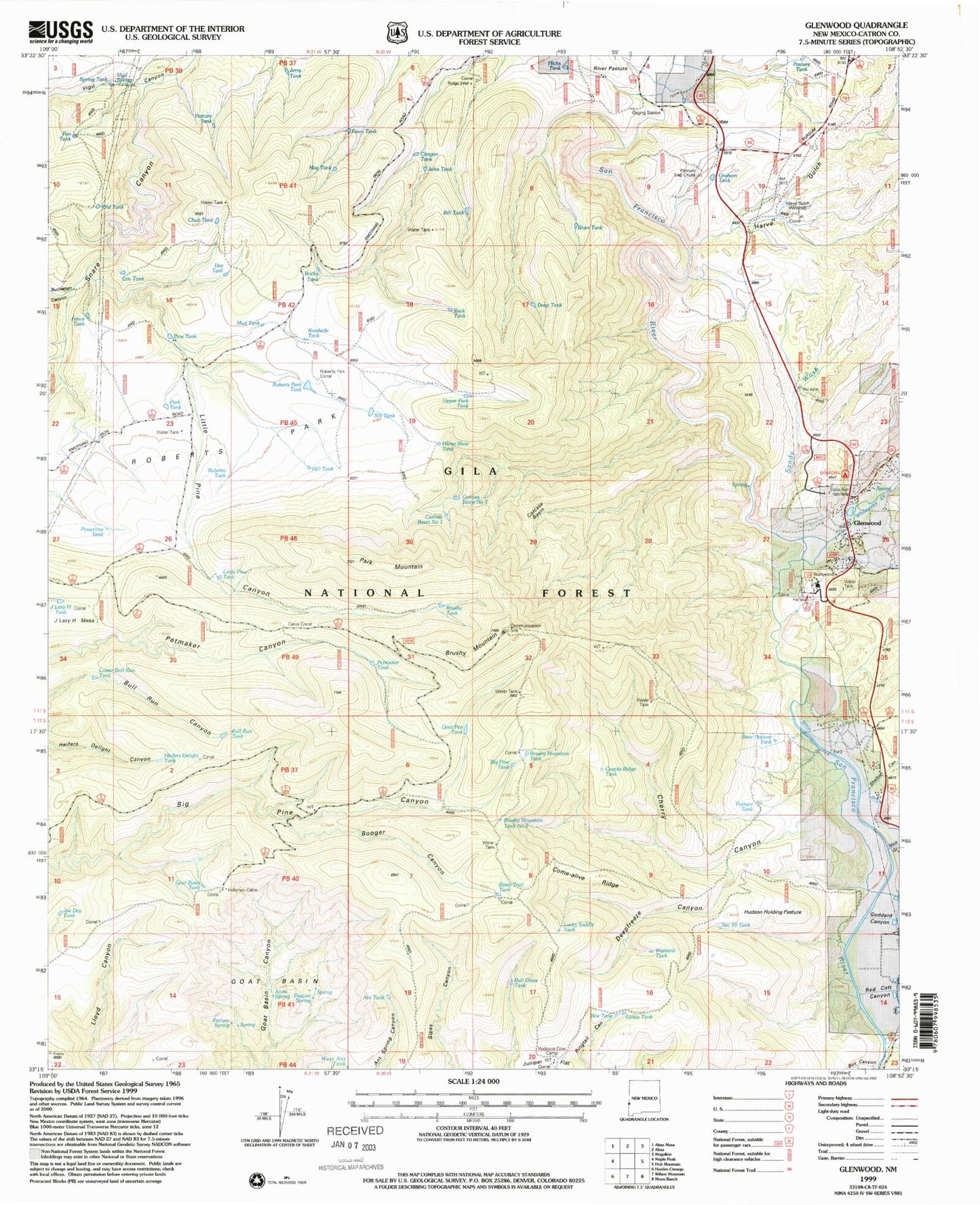 Classic USGS Glenwood New Mexico 7.5'x7.5' Topo Map Image