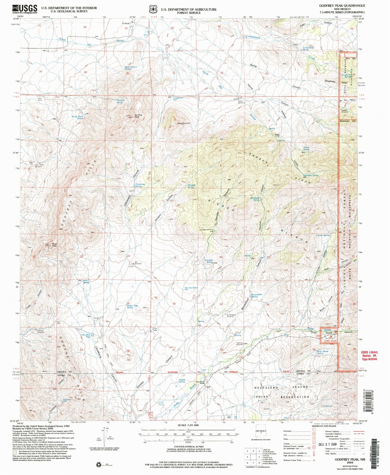 Classic USGS Godfrey Peak New Mexico 7.5'x7.5' Topo Map Image
