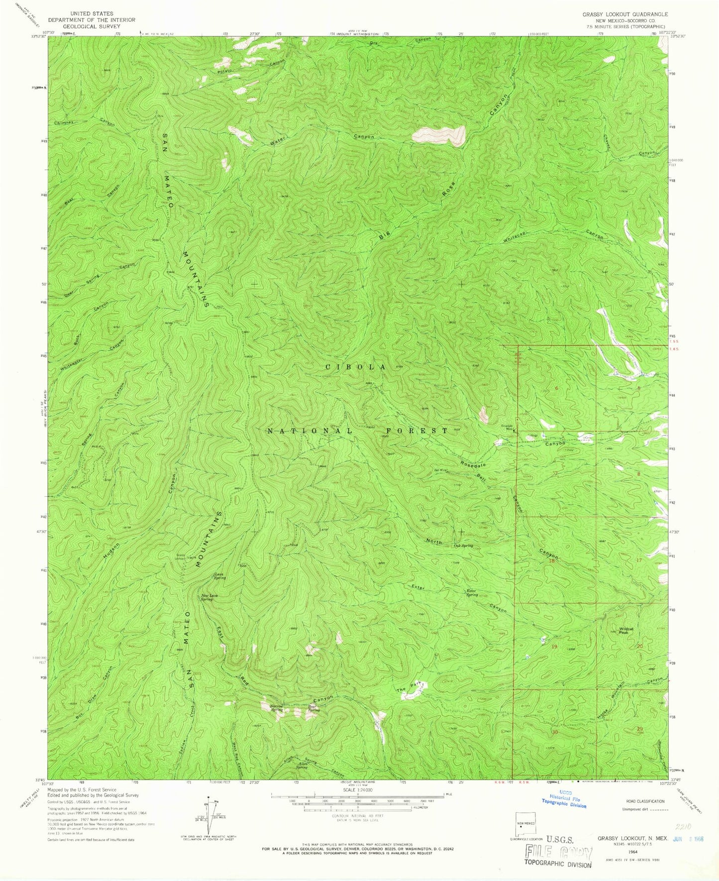 Classic USGS Grassy Lookout New Mexico 7.5'x7.5' Topo Map Image