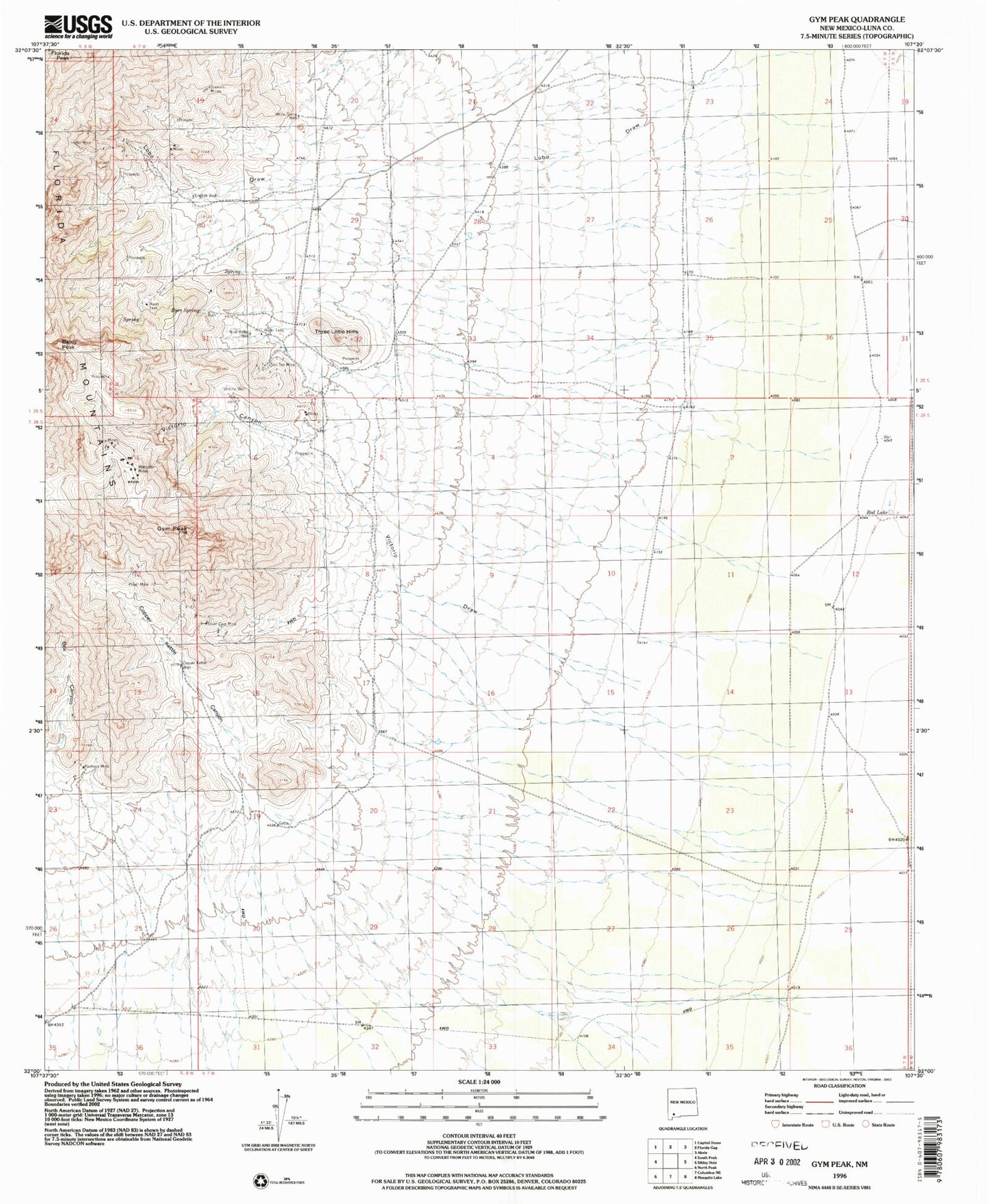 Classic USGS Gym Peak New Mexico 7.5'x7.5' Topo Map Image