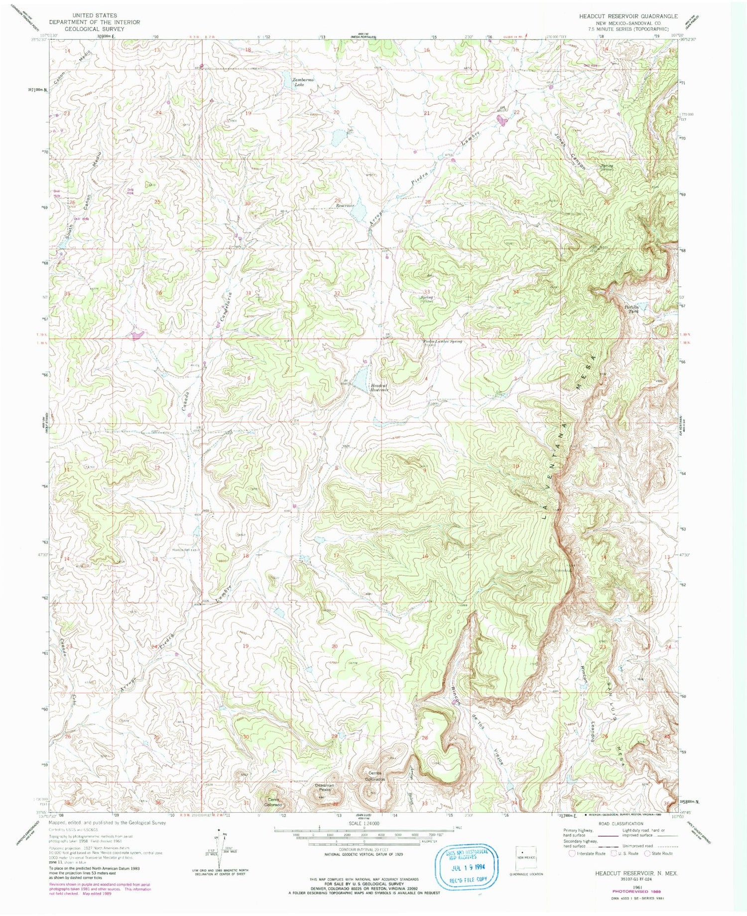 Classic USGS Headcut Reservoir New Mexico 7.5'x7.5' Topo Map Image