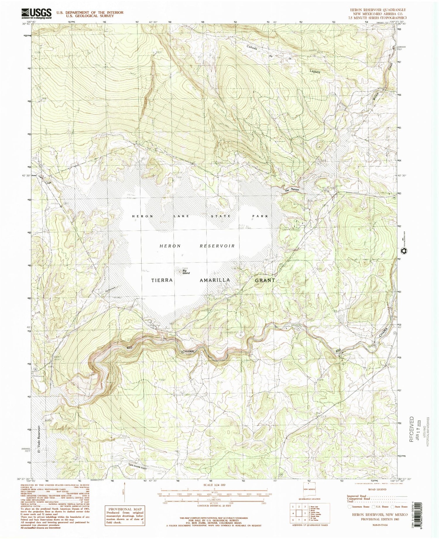 Classic USGS Heron Reservoir New Mexico 7.5'x7.5' Topo Map Image