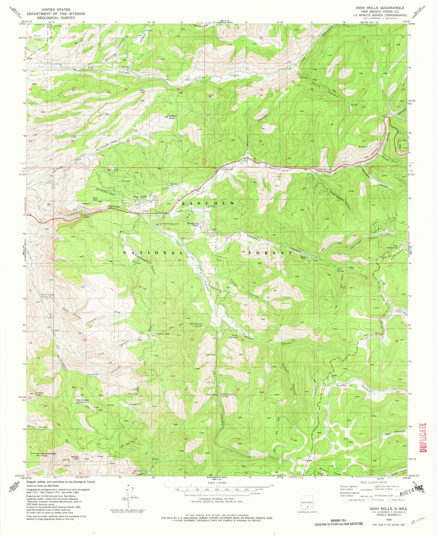 Classic USGS High Rolls New Mexico 7.5'x7.5' Topo Map Image