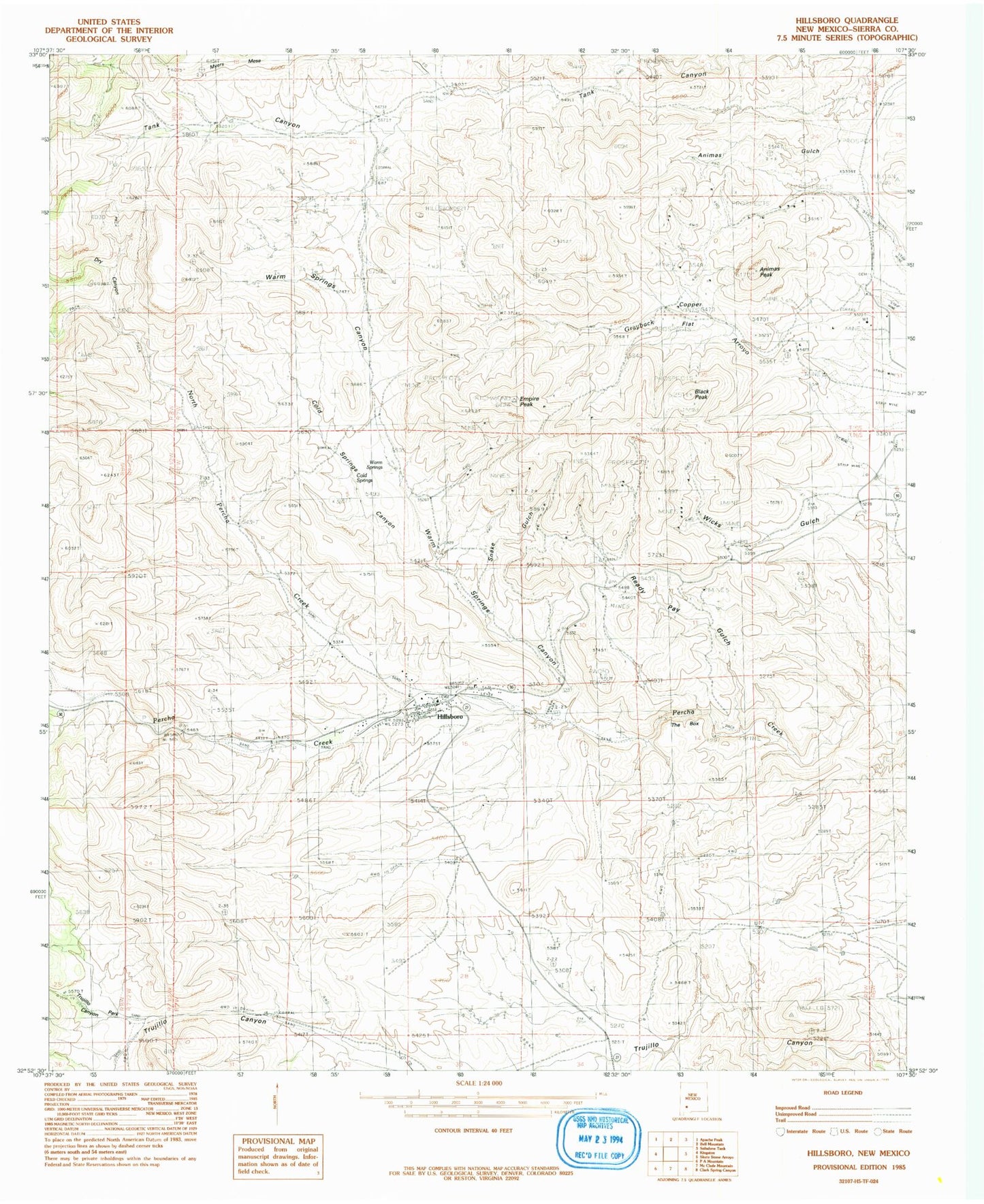 Classic USGS Hillsboro New Mexico 7.5'x7.5' Topo Map Image