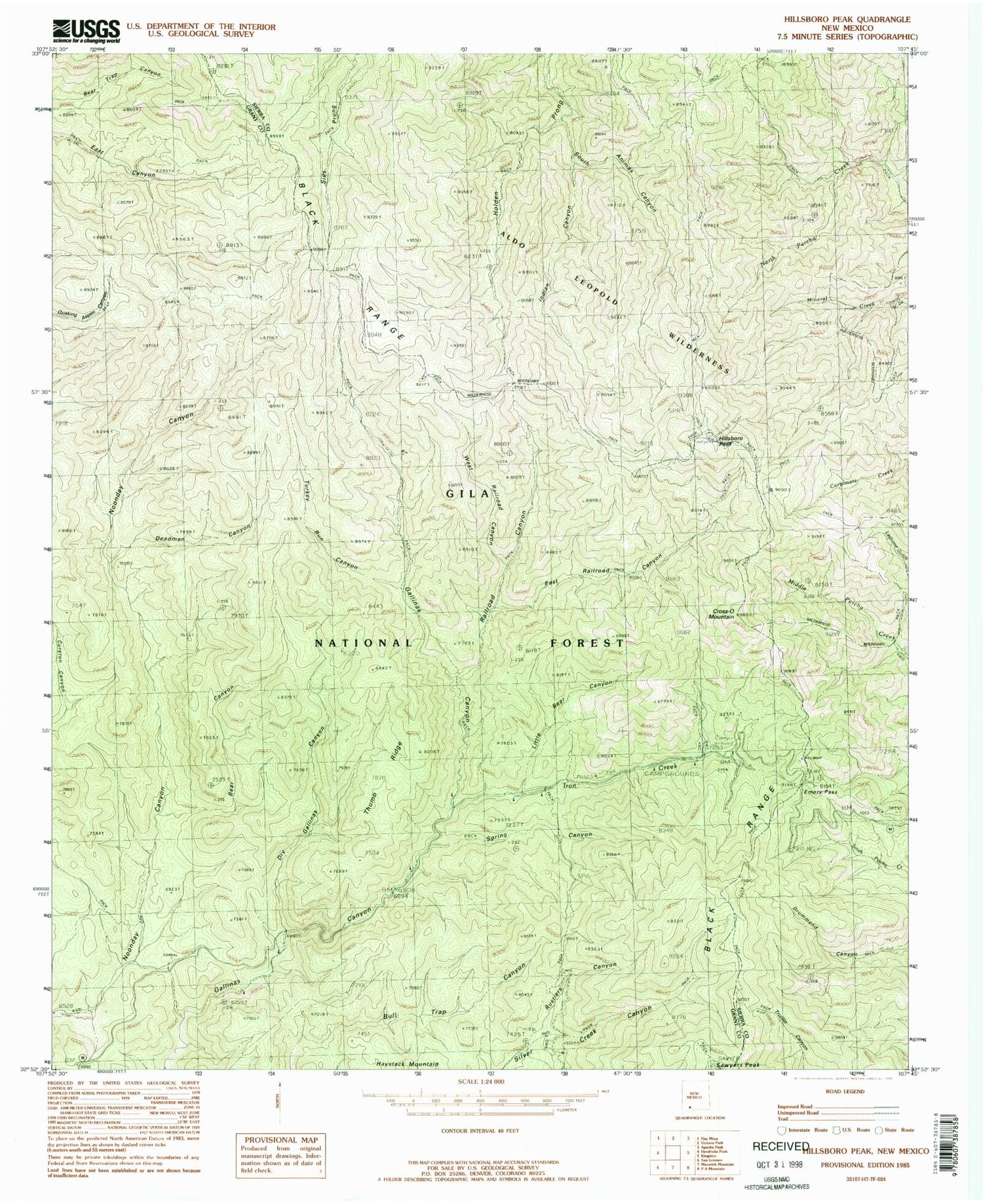 Classic USGS Hillsboro Peak New Mexico 7.5'x7.5' Topo Map Image
