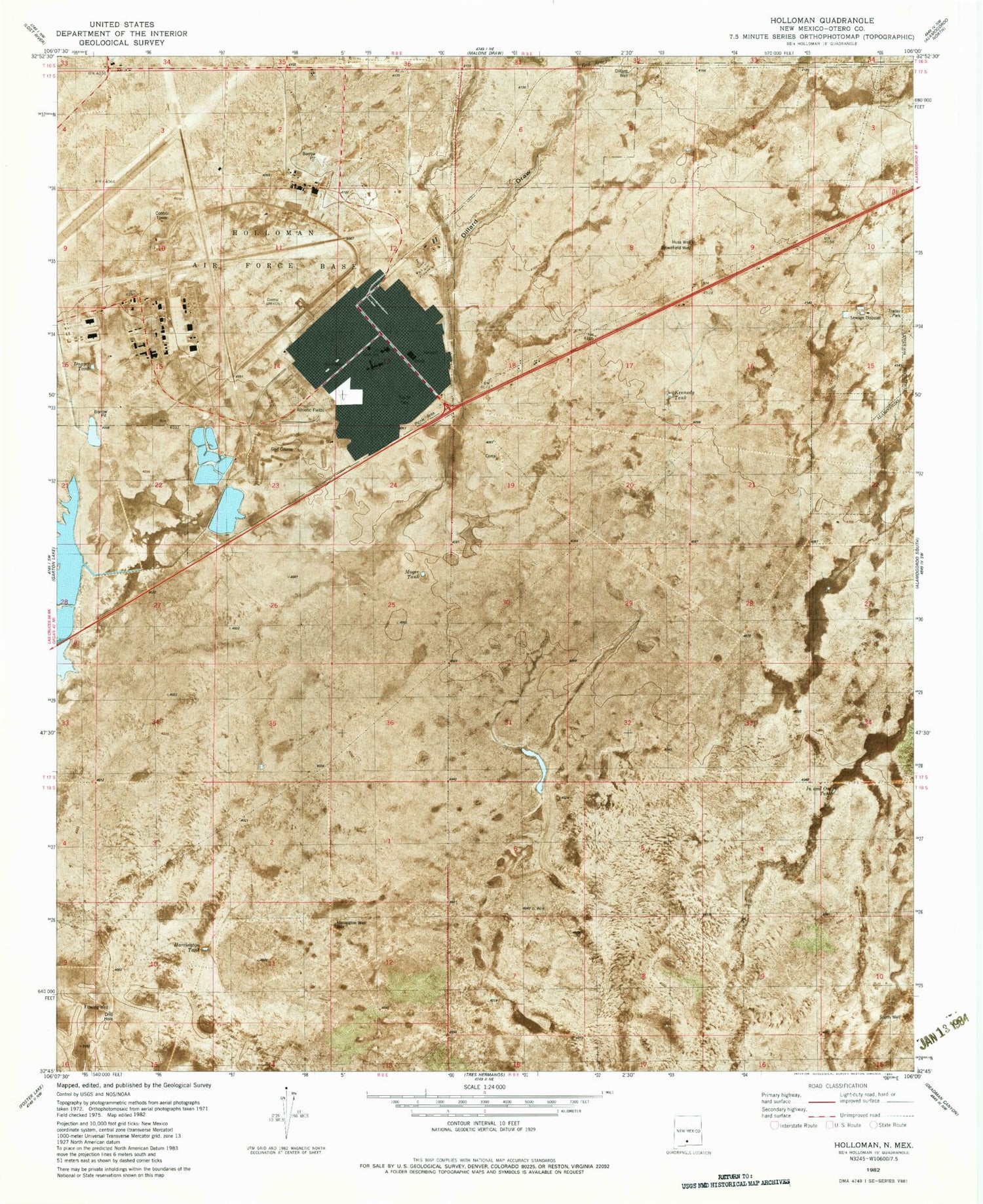 Classic USGS Holloman New Mexico 7.5'x7.5' Topo Map Image