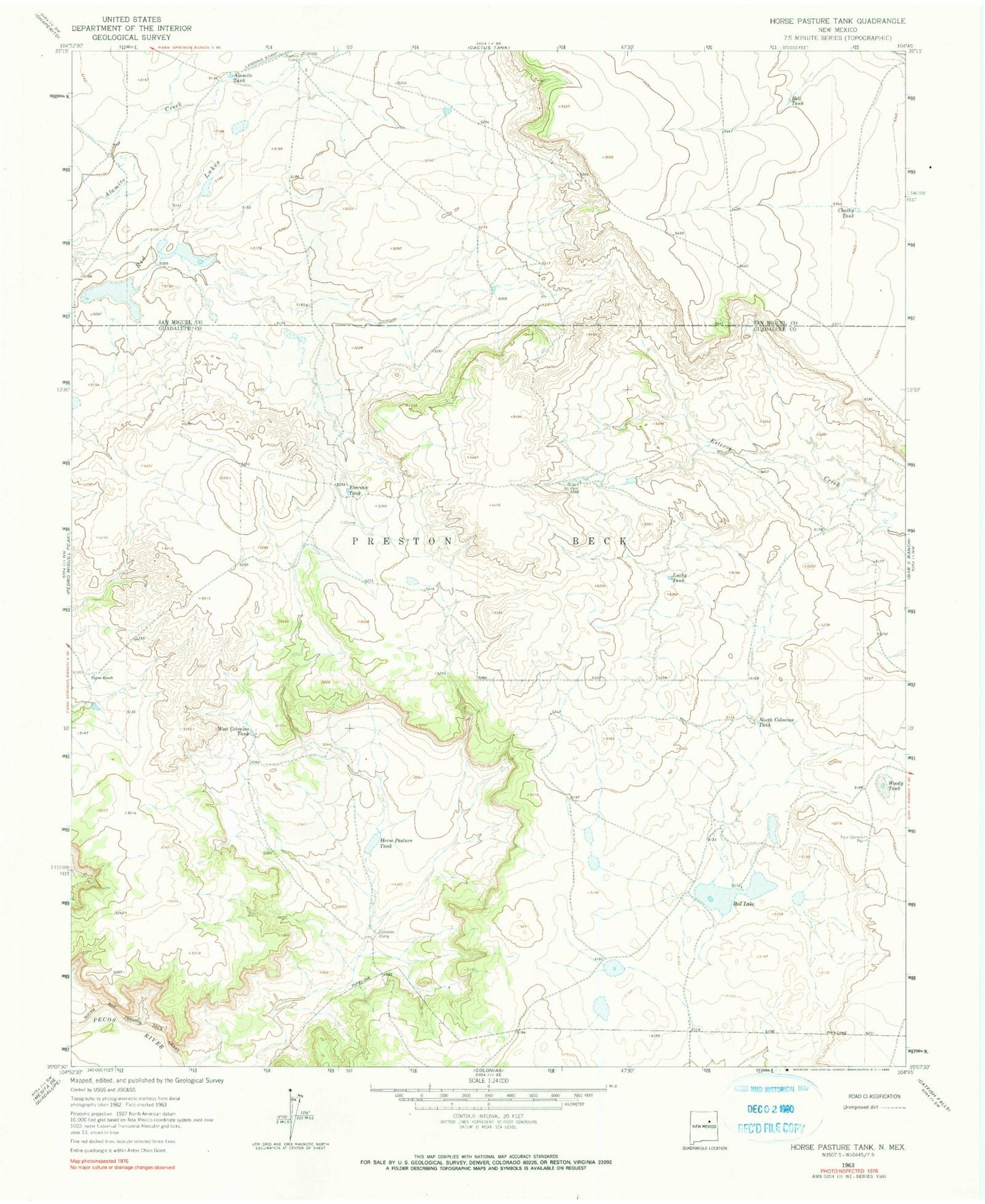 Classic USGS Horse Pasture Tank New Mexico 7.5'x7.5' Topo Map Image