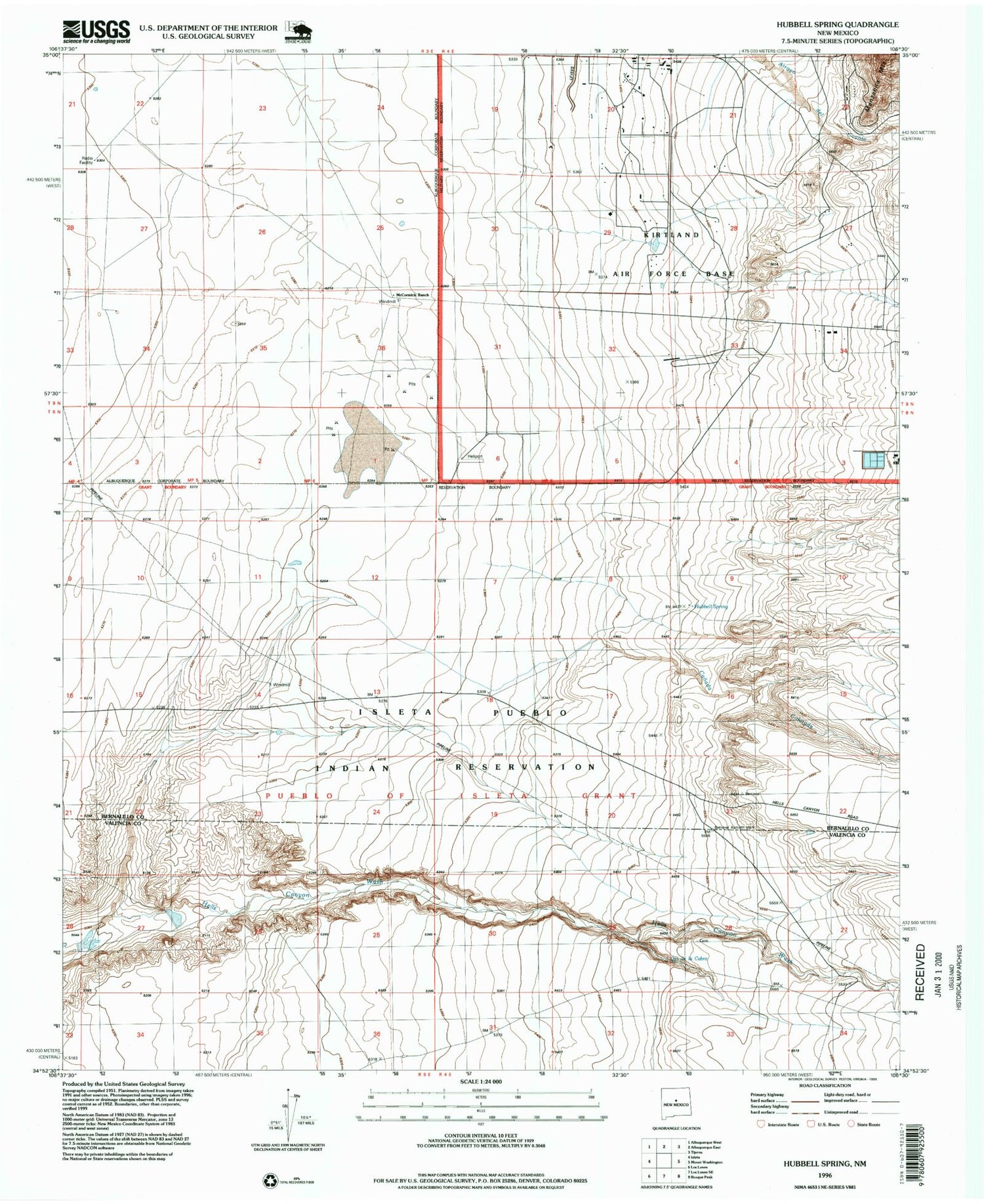 Classic USGS Hubbell Spring New Mexico 7.5'x7.5' Topo Map Image
